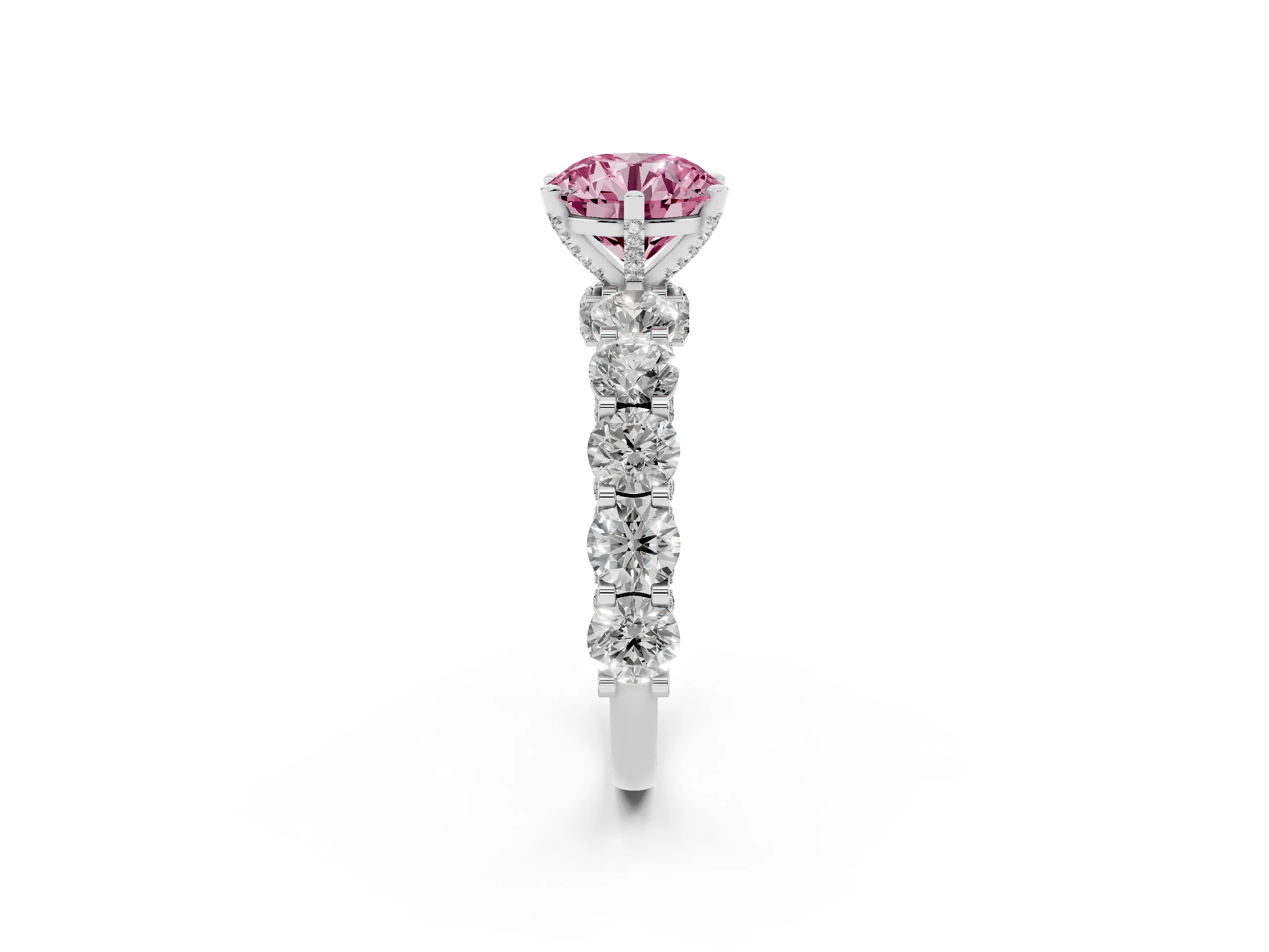 Fancy Pink Round Cut Diamond Side Stone Ring Set in White gold with Alternating Round and Oval Side Stones