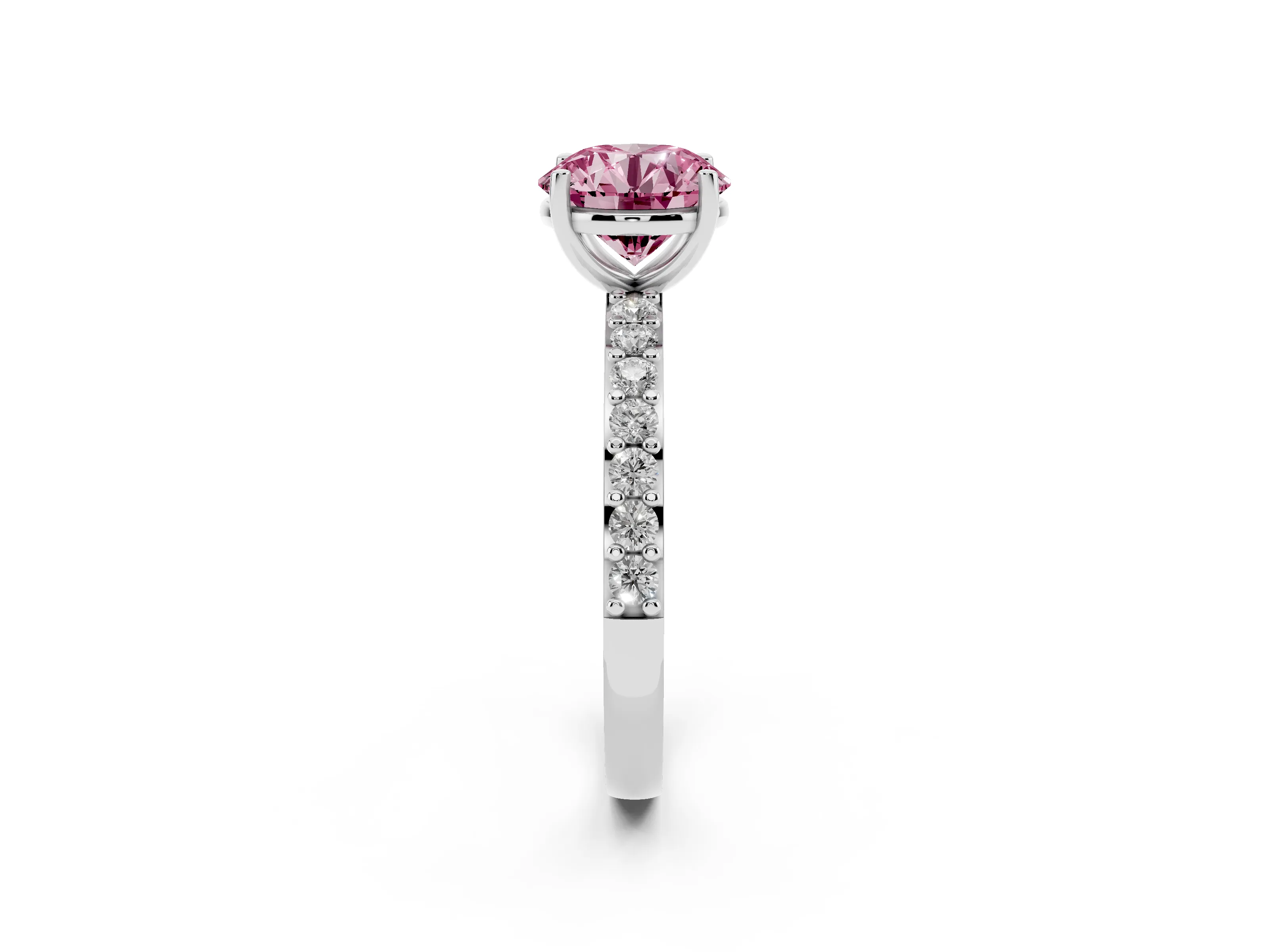 Fancy Pink Round Cut Diamond Solitaire Set in Platinum with Round Pavé Band and Prong Setting