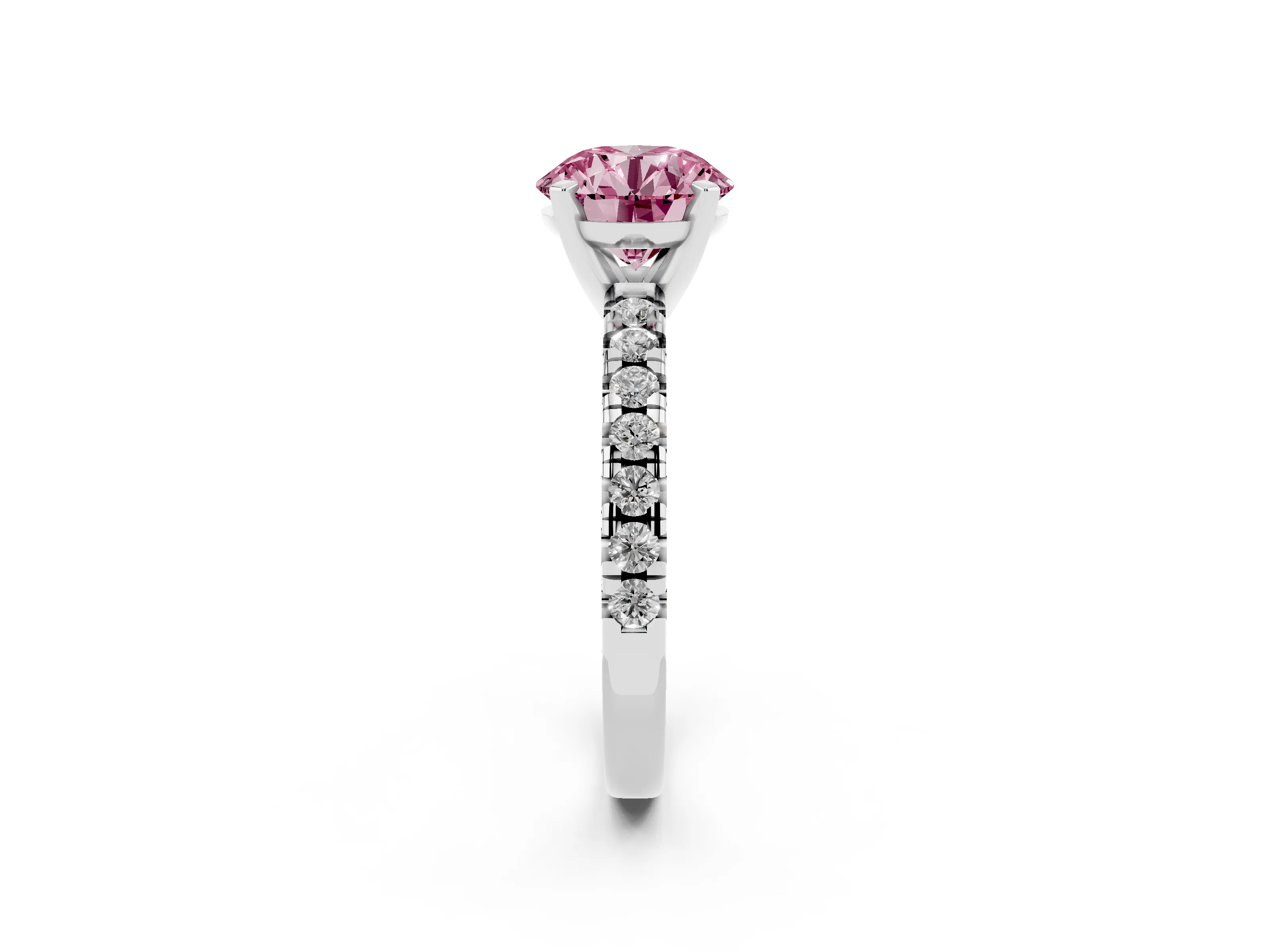 Fancy Pink Round Cut Diamond Solitaire Pavé Engagement Ring Set in White gold with Round Band and Prong Setting