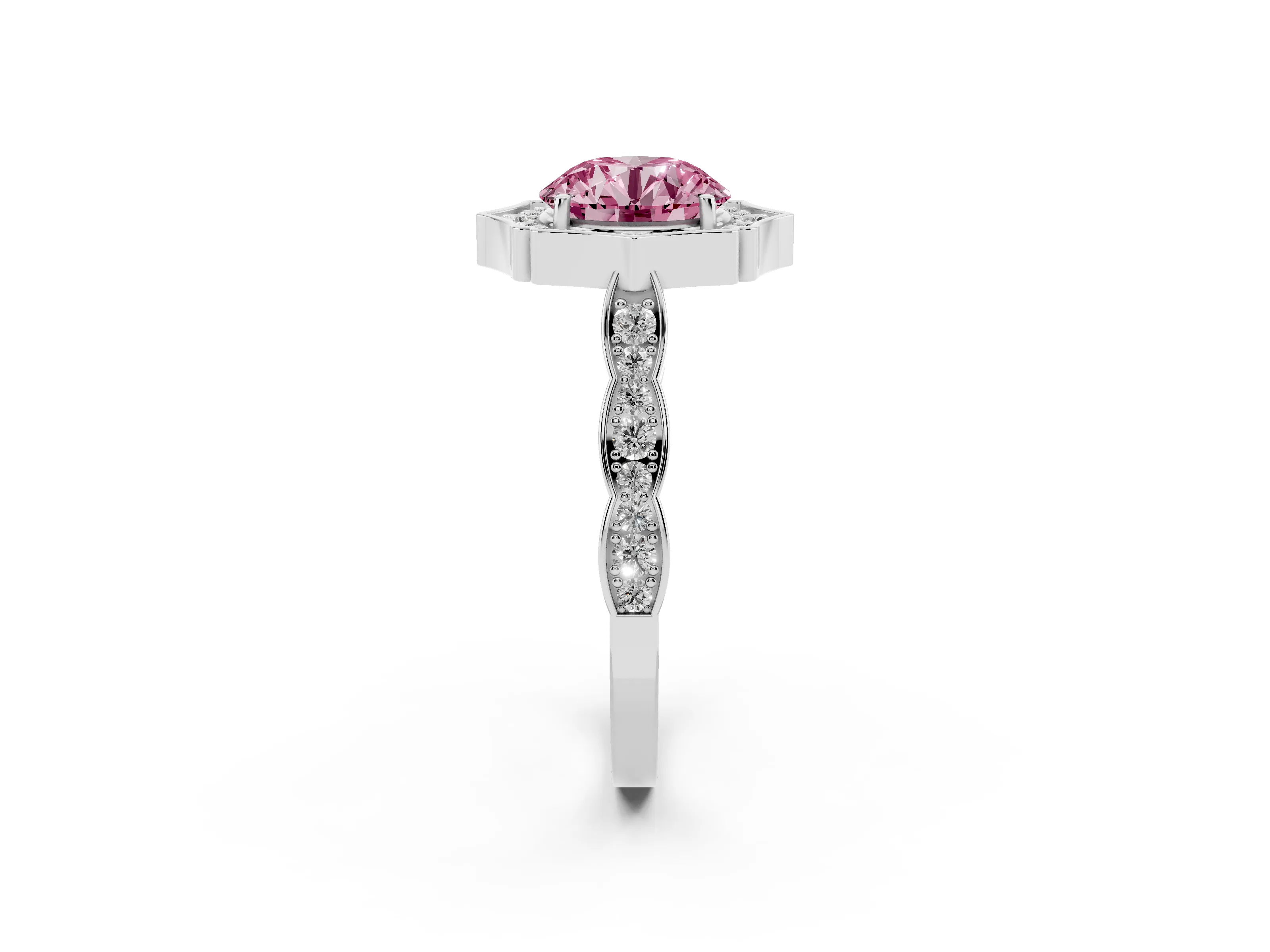 Fancy Pink Round Cut Diamond Halo Engagement Ring Set in Platinum with Milgrain Band and Prong Setting