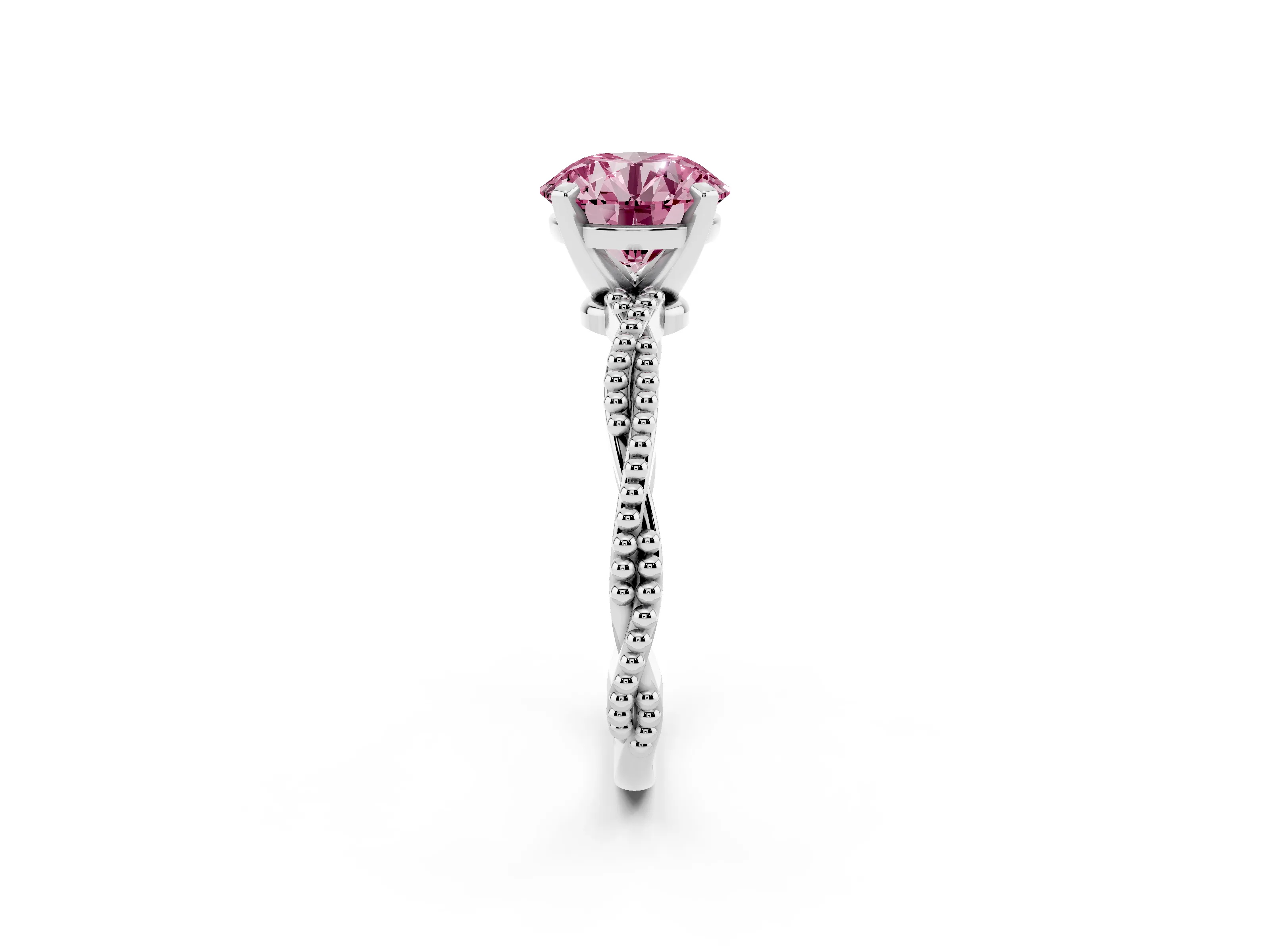 Fancy Pink Round Cut Diamond Solitaire Ring Set in Silver with Twisted Band and Bead Prong Setting