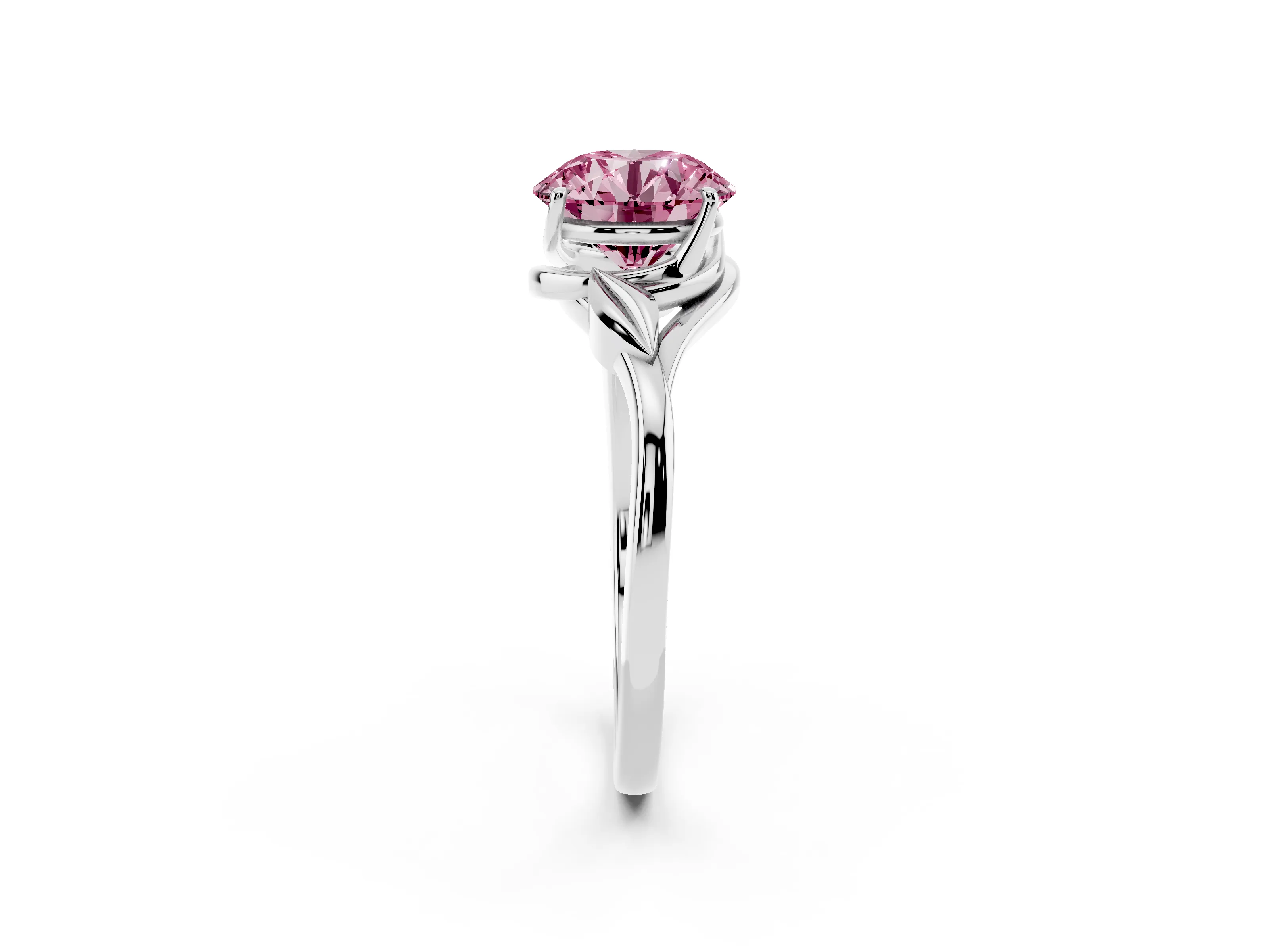 Fancy Pink Round Cut Diamond Solitaire Ring Set in White gold with Polished Twist Band