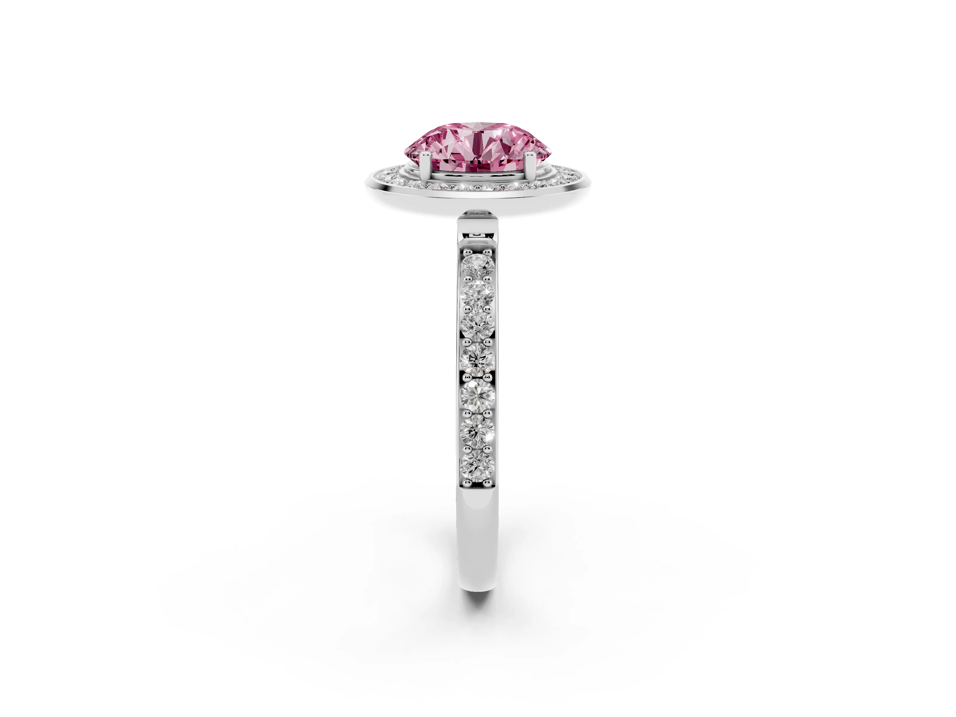 Fancy Pink Round Cut Diamond Halo Ring Set in Silver with Bezel Frame and Pavé Band