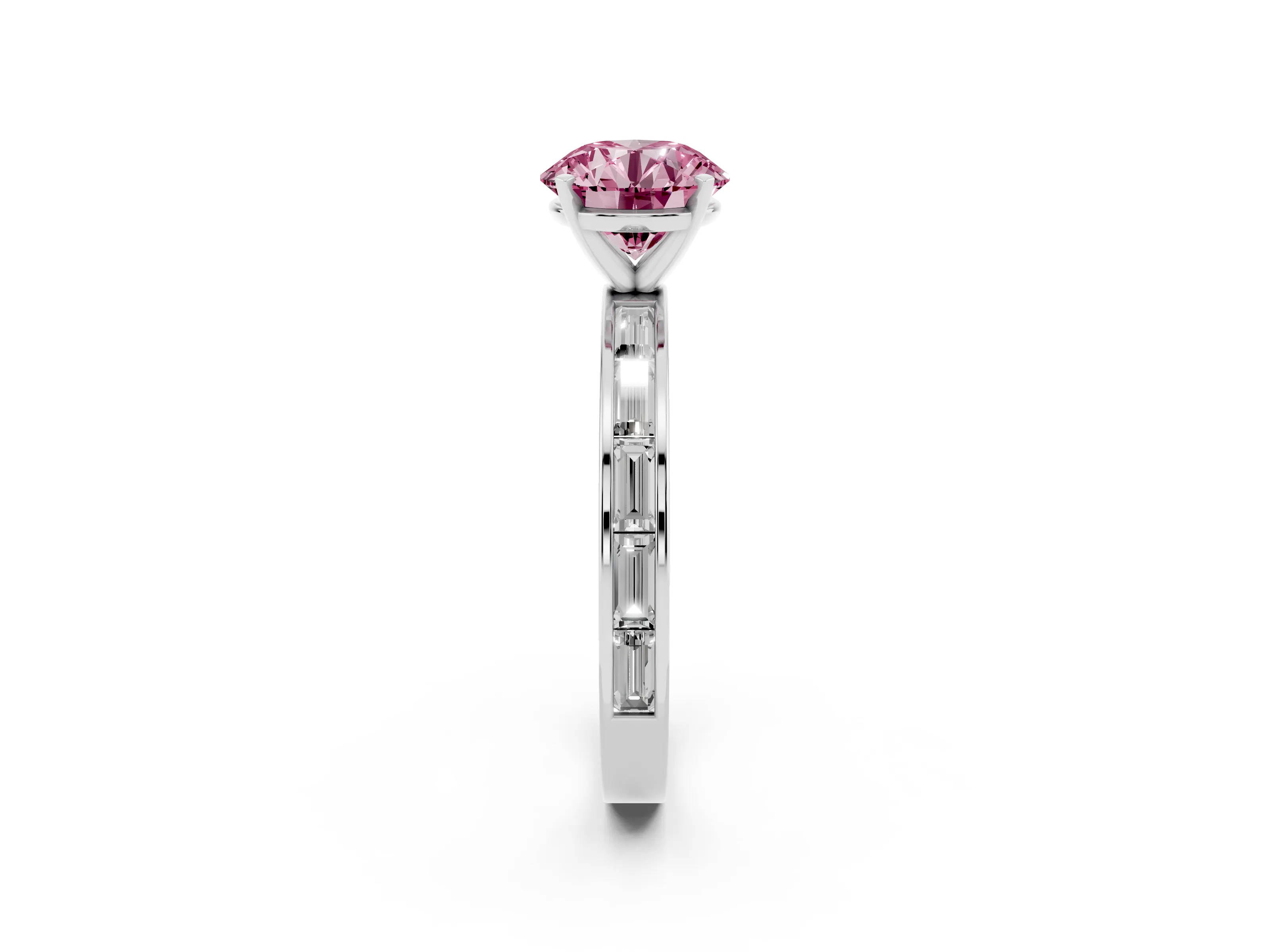 Fancy Pink Round Cut Diamond Solitaire Ring Set in Silver with Channel-Set Baguette Band and Prong Setting