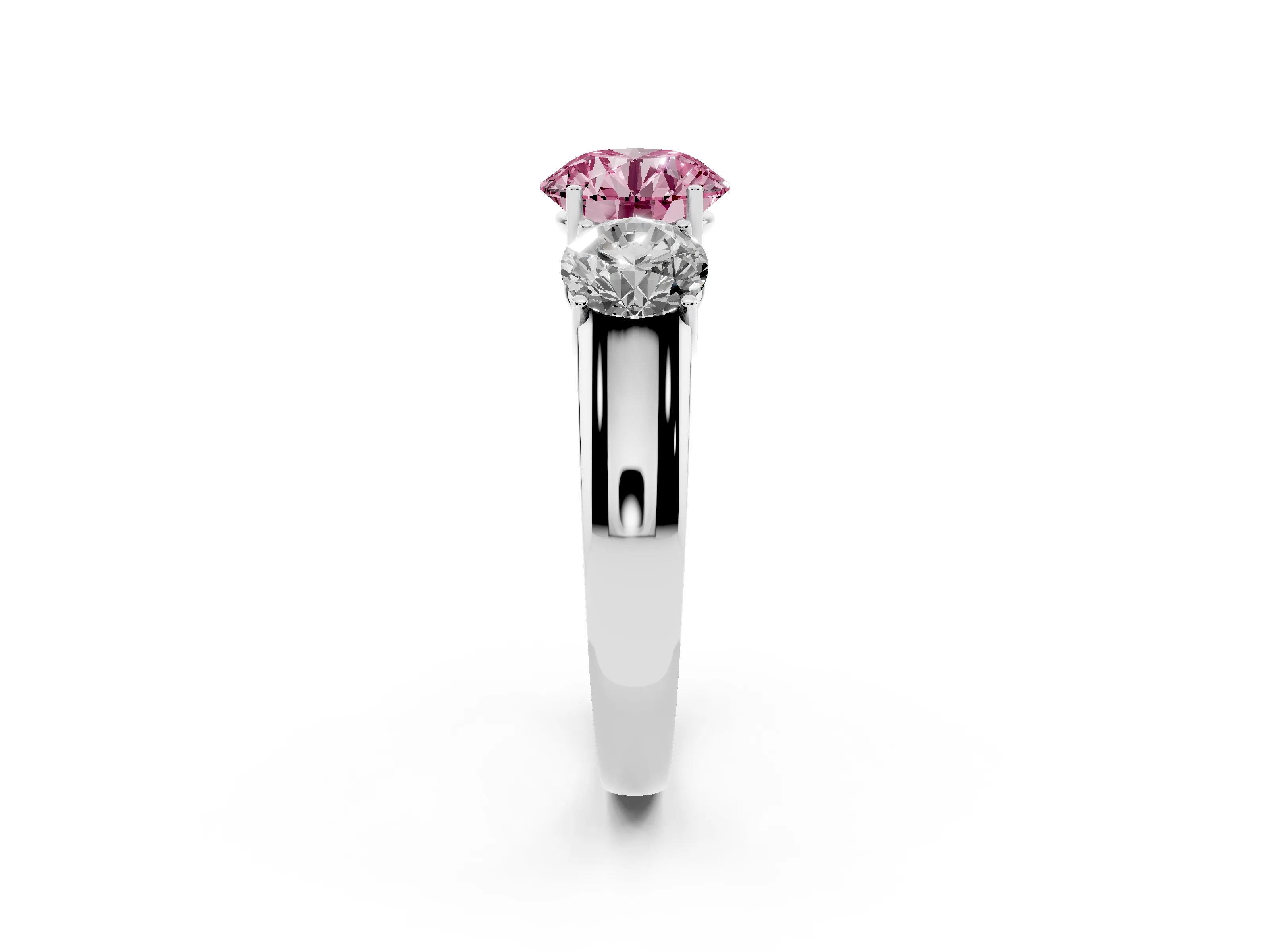 Fancy Pink Three-Stone Round Cut Diamond Ring Set in White gold with Matching Prong Settings and Plain Band