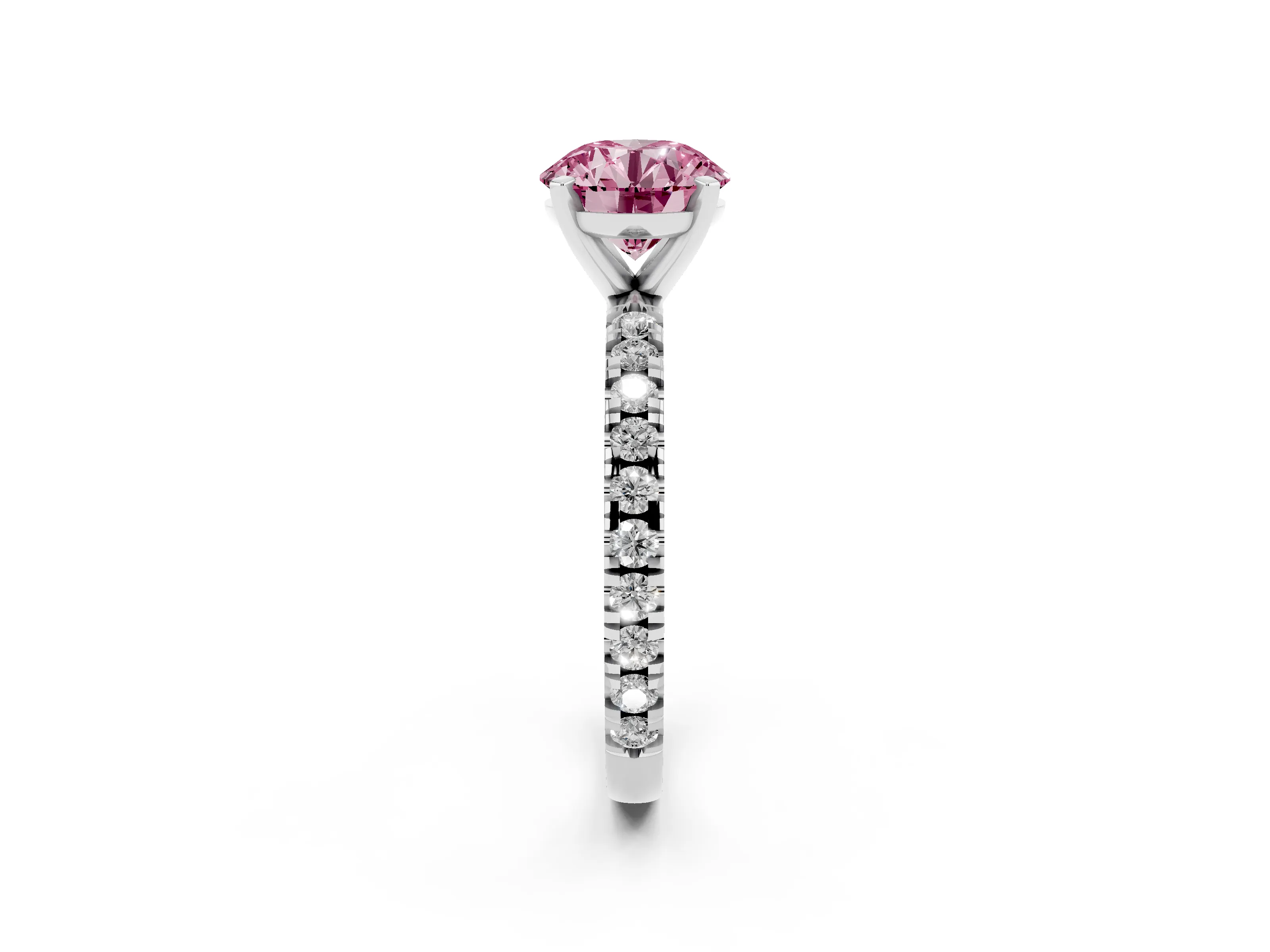 Fancy Pink Round Cut Diamond Pavé Band Solitaire Set in Platinum with Prong Setting