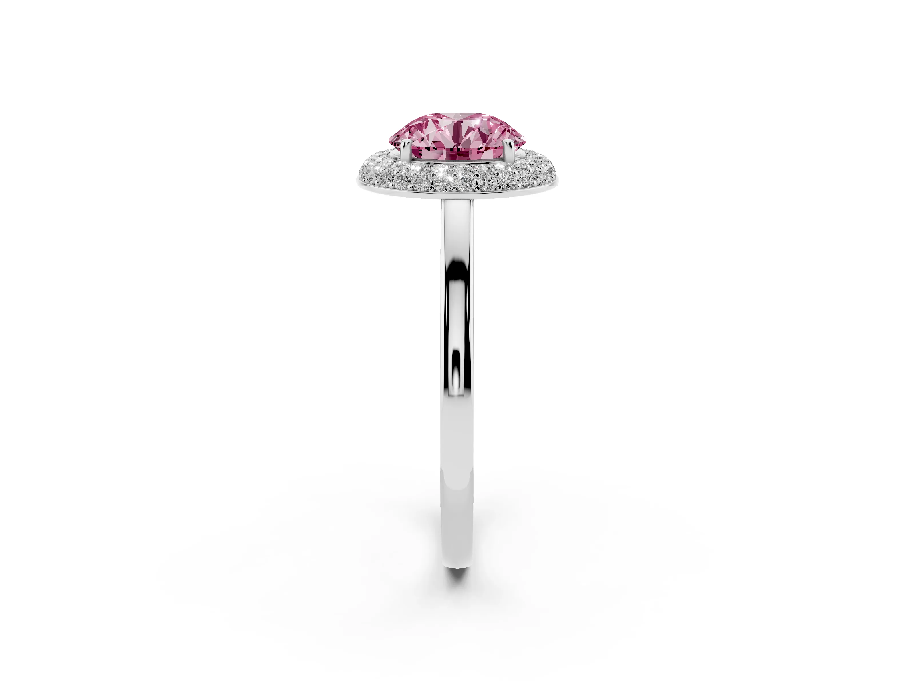 Fancy Pink Round Cut Diamond Halo Engagement Ring Set in White gold with Solitaire Band and Prong Setting