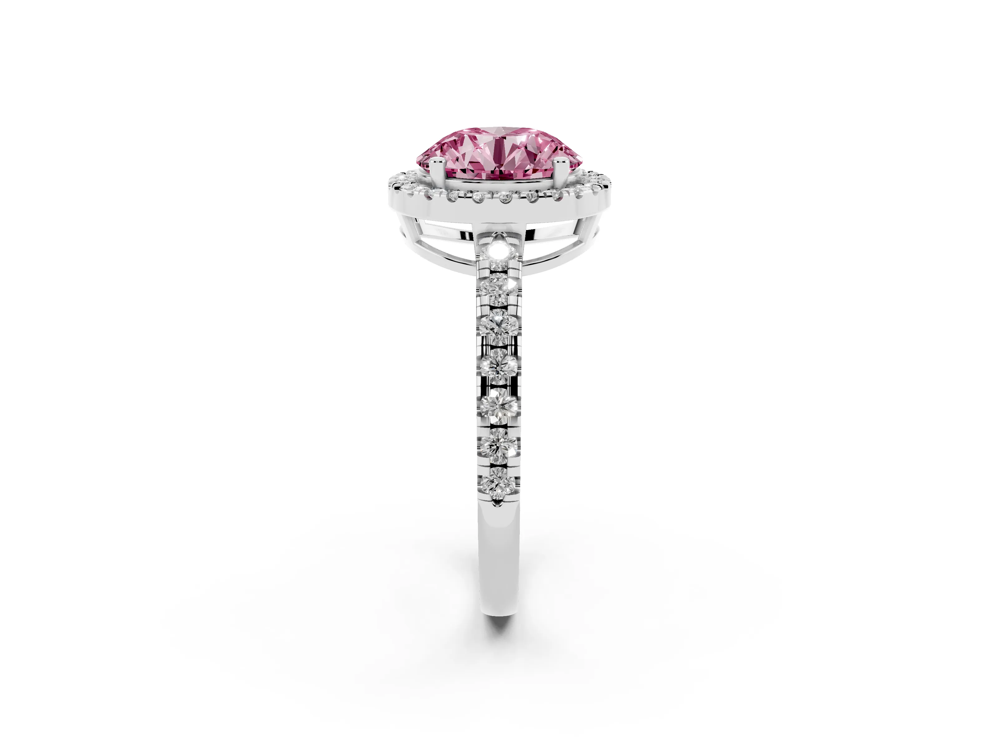 Fancy Pink Round Cut Diamond Halo Ring Set in Platinum with Delicate Pavé Band and Prong Setting