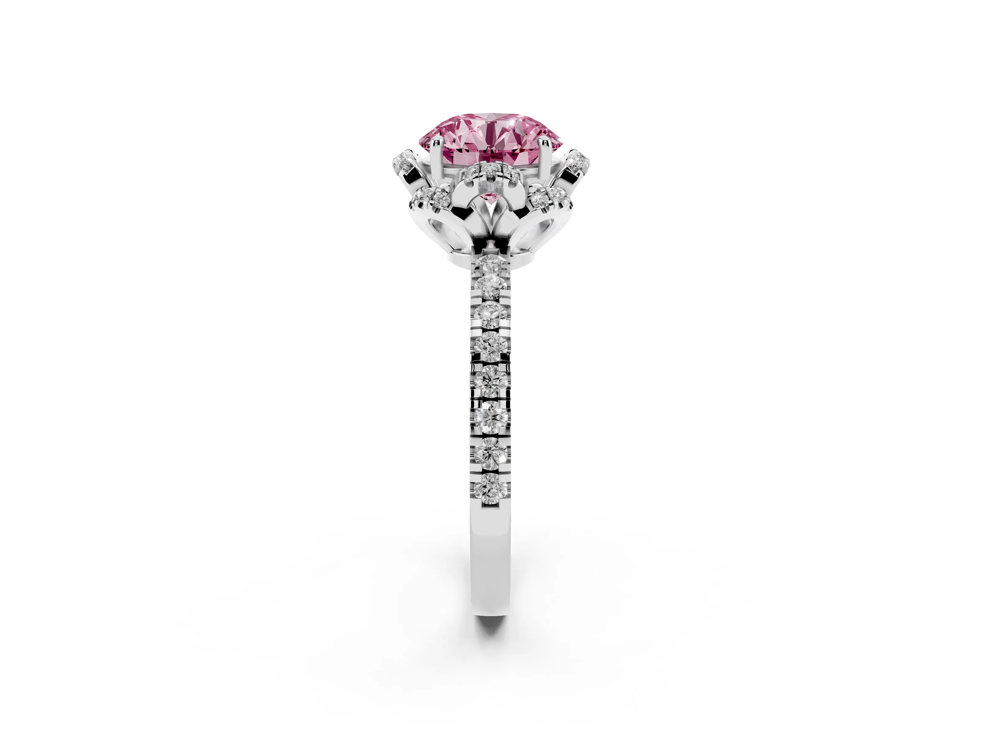 Fancy Pink Round Cut Diamond Halo Pavé Band Ring Set in Platinum with Prong-Held Center
