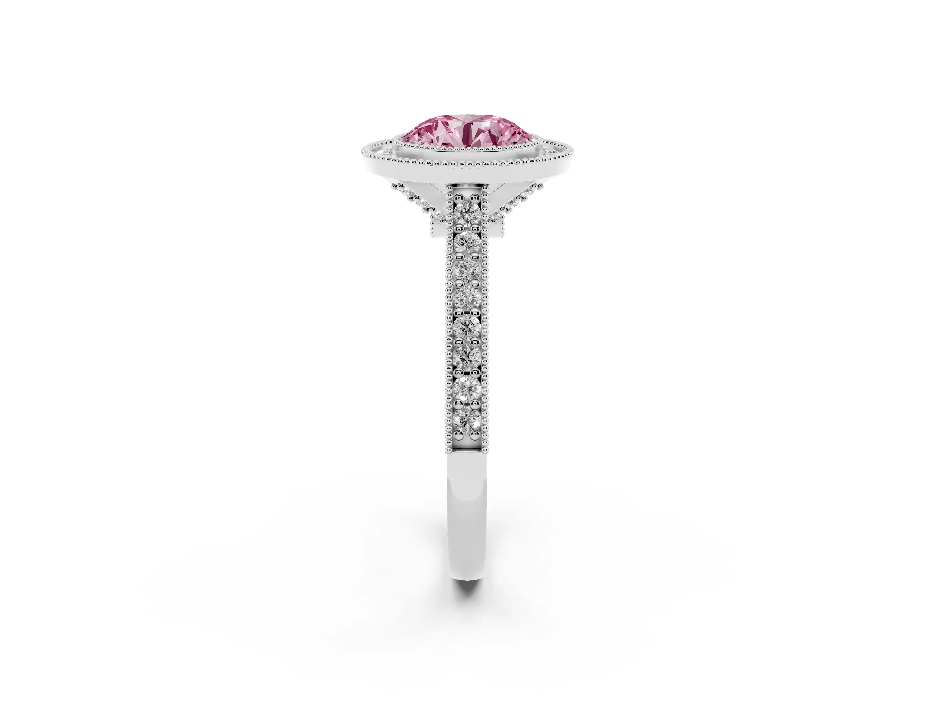 Fancy Pink Round Cut Diamond Halo Milgrain Pavé Band Ring Set in Platinum with Prong Setting