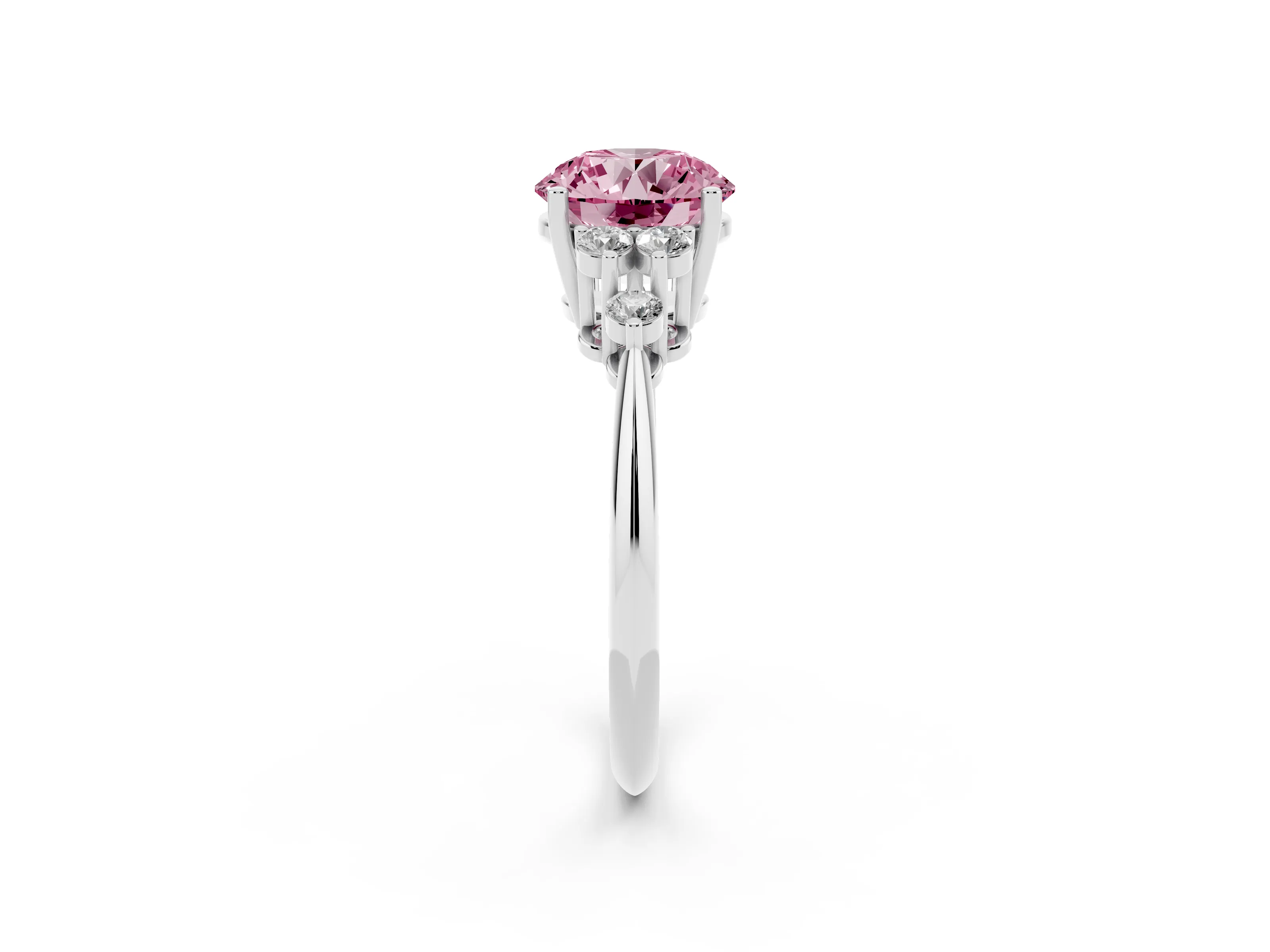 Fancy Pink Round Cut Diamond Cluster Ring Set in Silver with Plain Band and Prong Setting