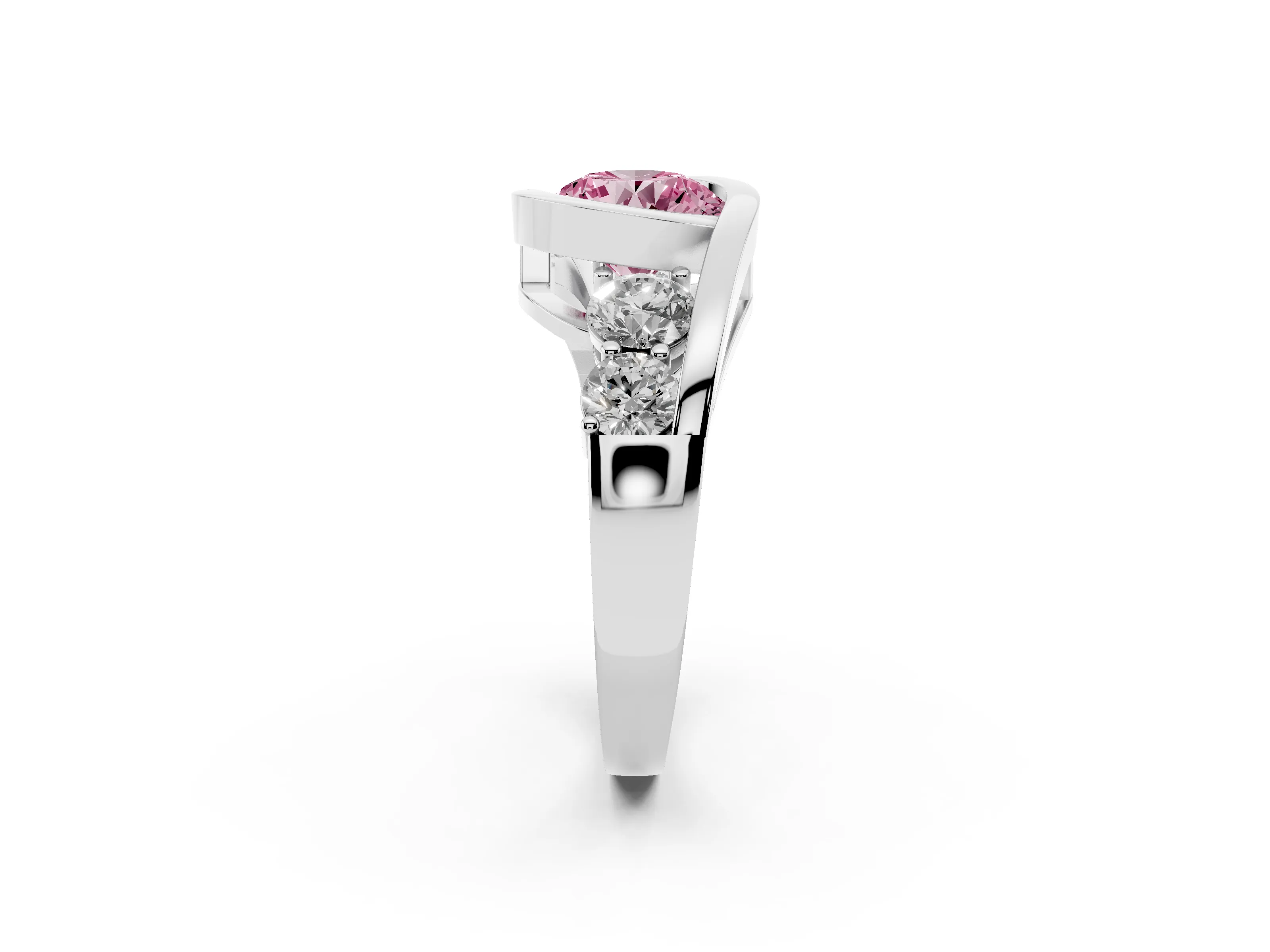 Fancy Pink Round Cut Diamond Bezel Bypass Ring Set in Silver with Round Accents