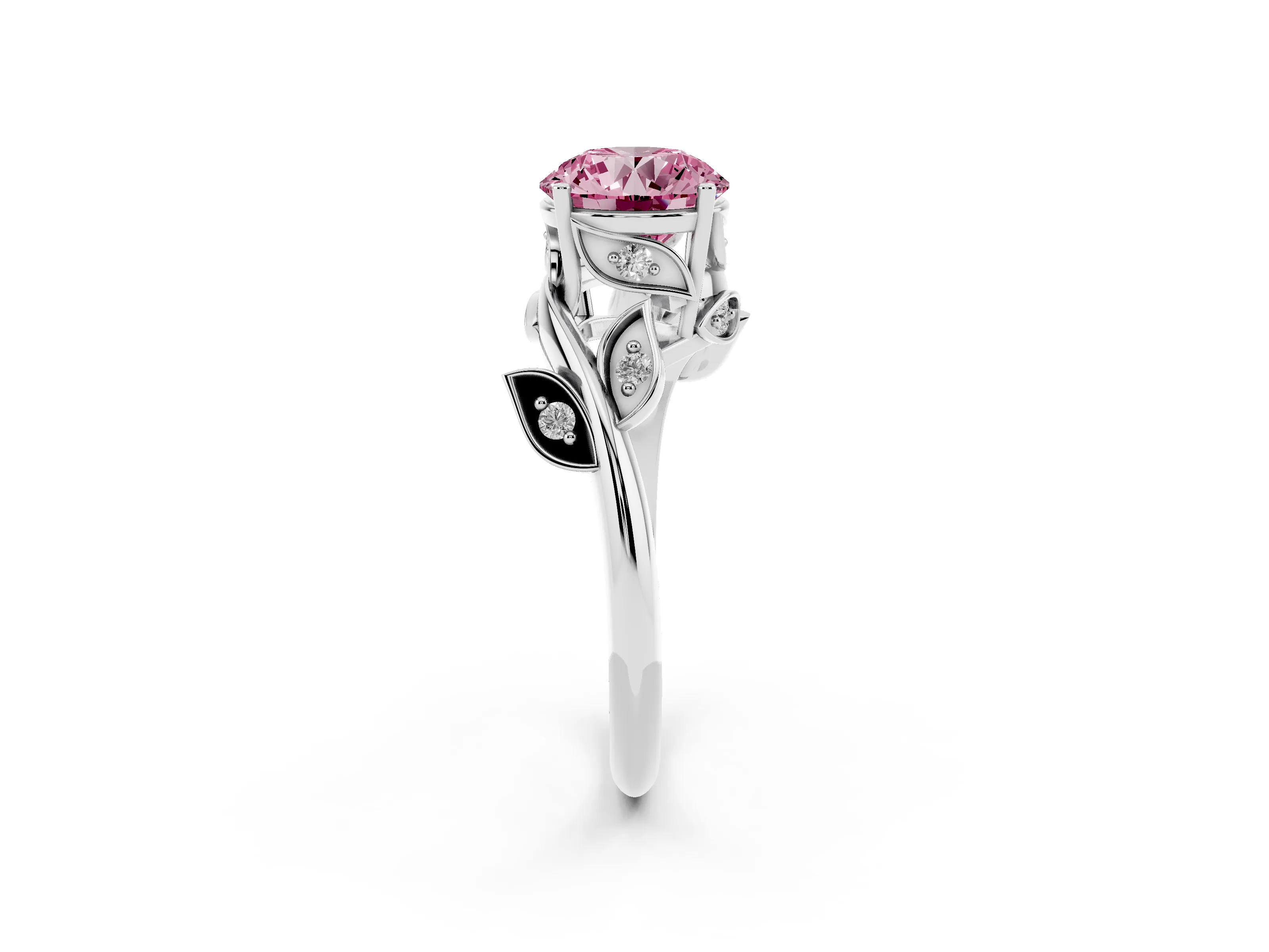 Fancy Pink Round Cut Diamond Solitaire Twist Engagement Ring Set in Platinum with Pavé Leaf Accents