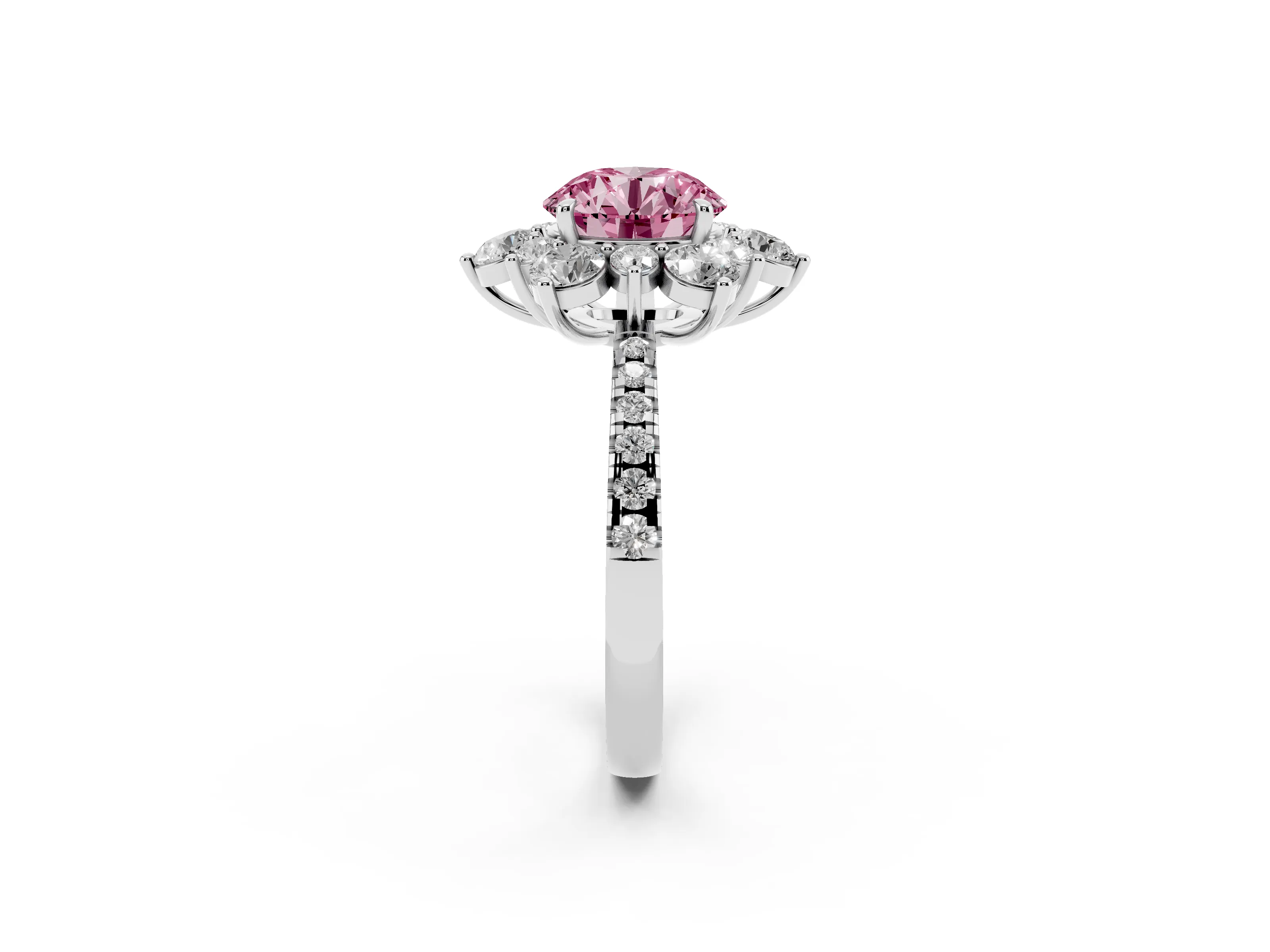Fancy Pink Round Cut Diamond Floral Halo Ring Set in Platinum with Round Pavé Band and Prong Setting