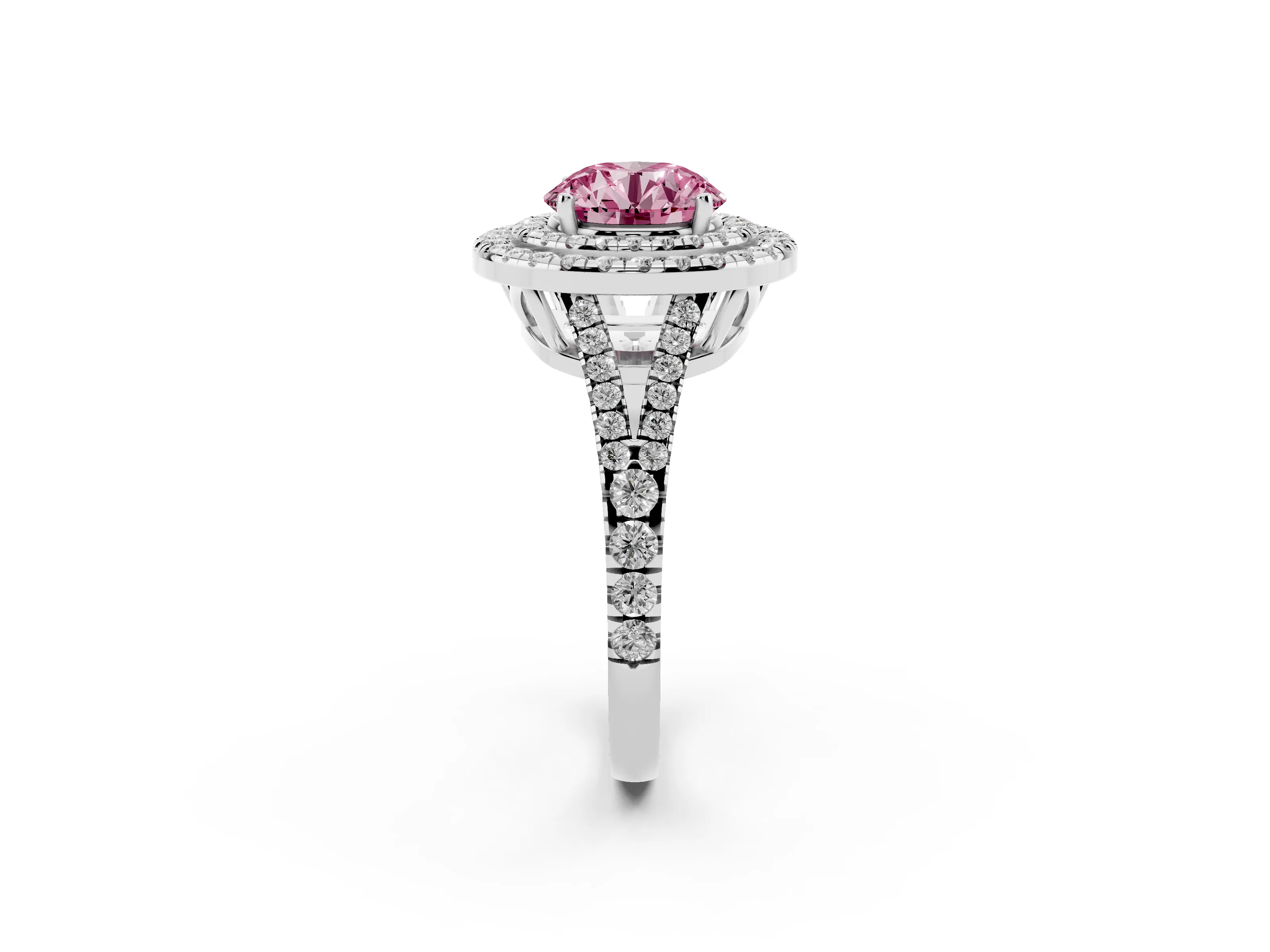 Fancy Pink Round Cut Diamond Double Halo Ring Set in White gold with Pavé Band