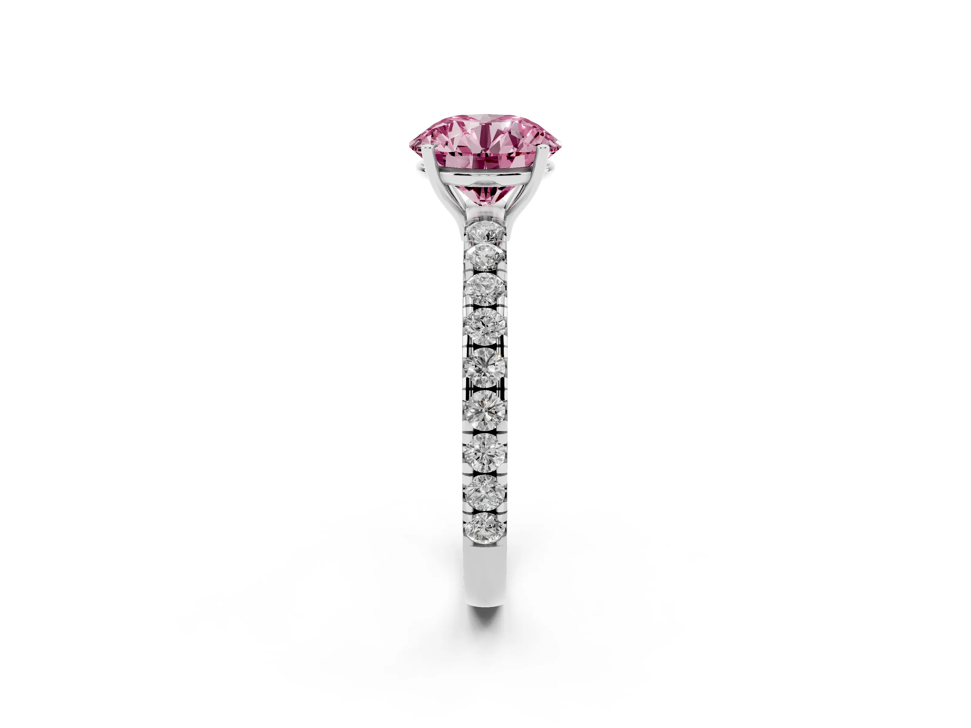 Fancy Pink Round Cut Diamond Pavé Solitaire Engagement Ring Set in White gold with Prong Setting