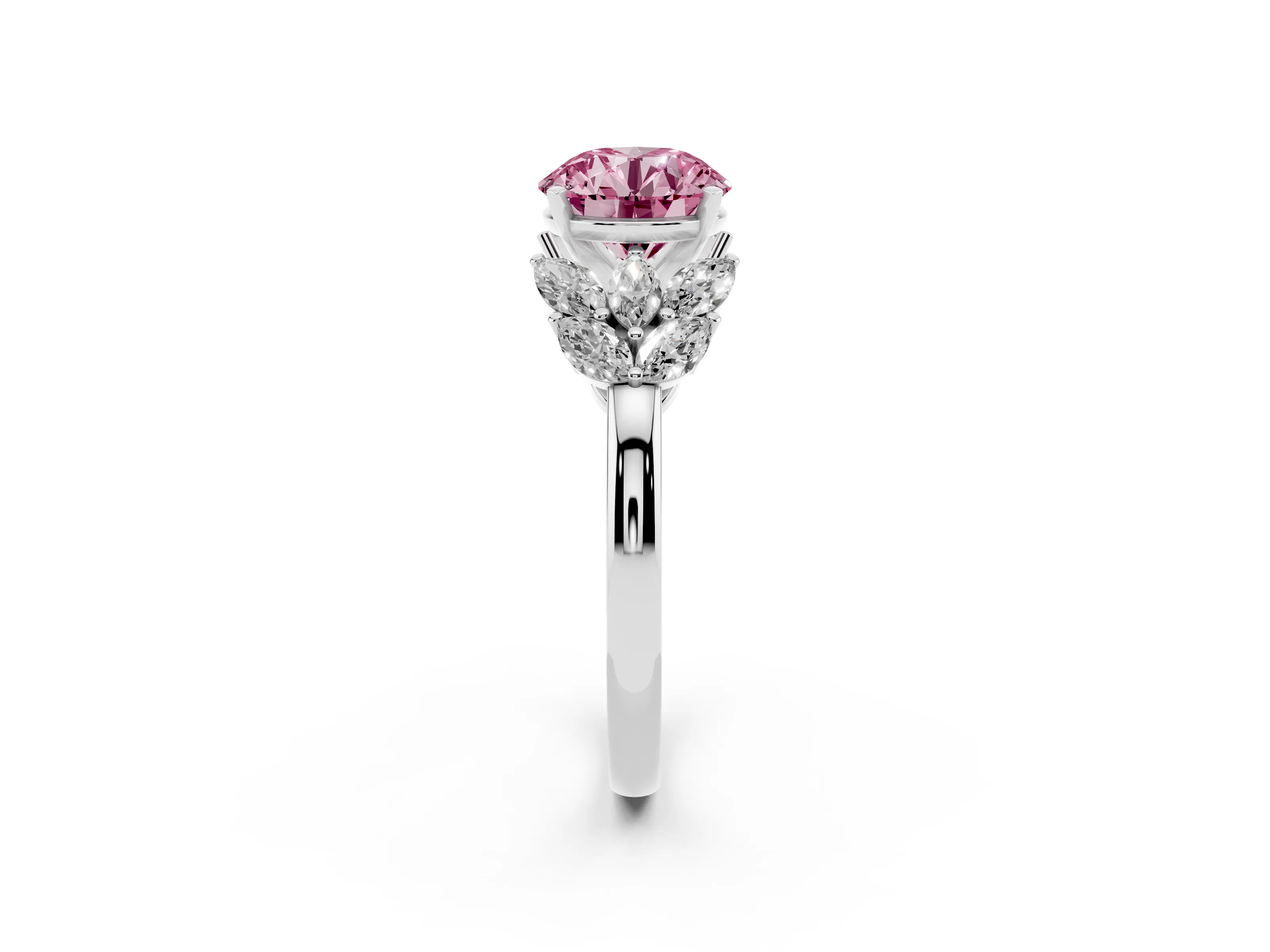 Fancy Pink Round Cut Diamond Cluster Leaf Design Ring Set in Platinum with Prong Setting