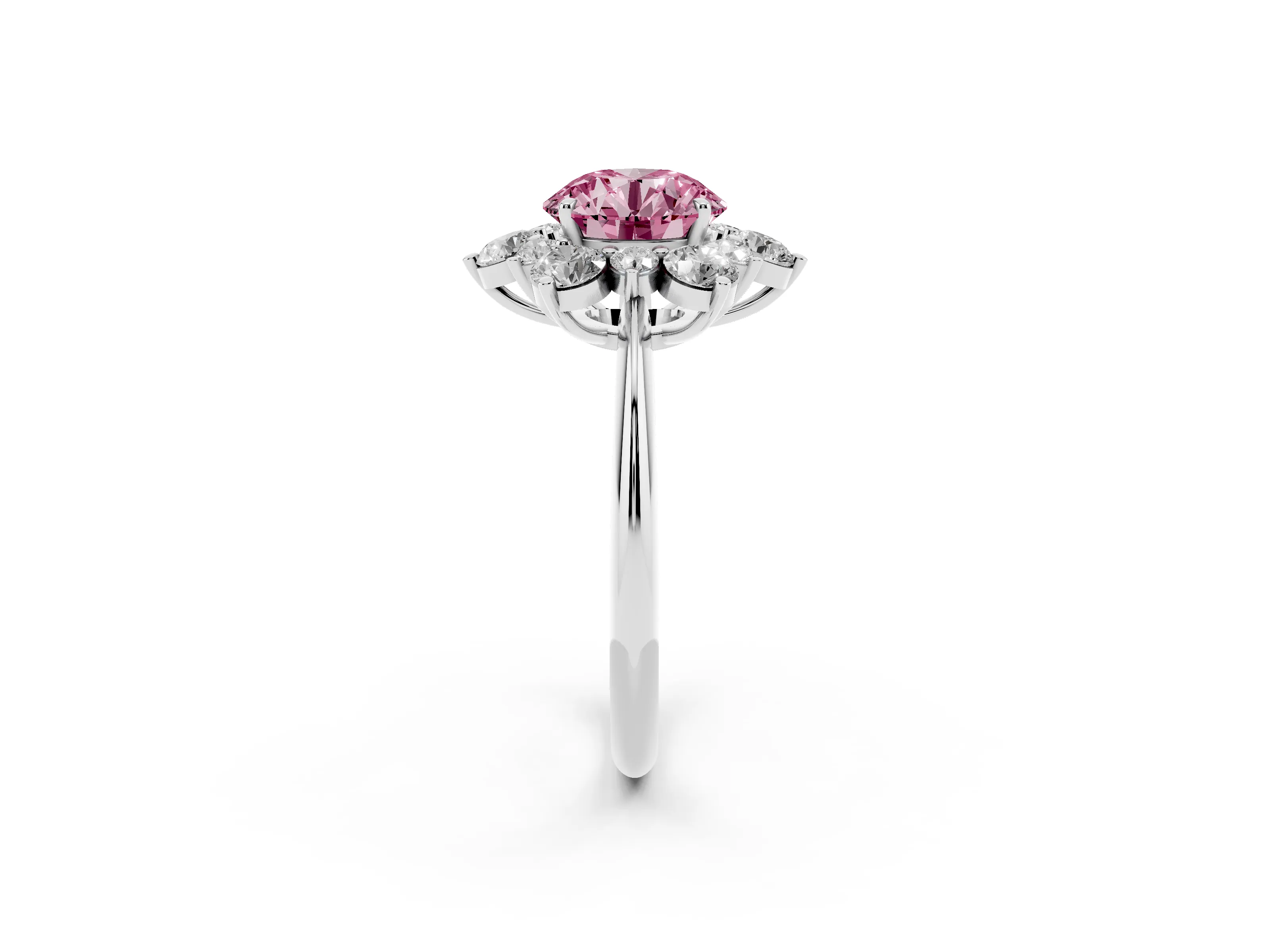 Fancy Pink Round Cut Diamond Cluster Halo Ring Set in White gold with Solitaire Band and Prong Setting