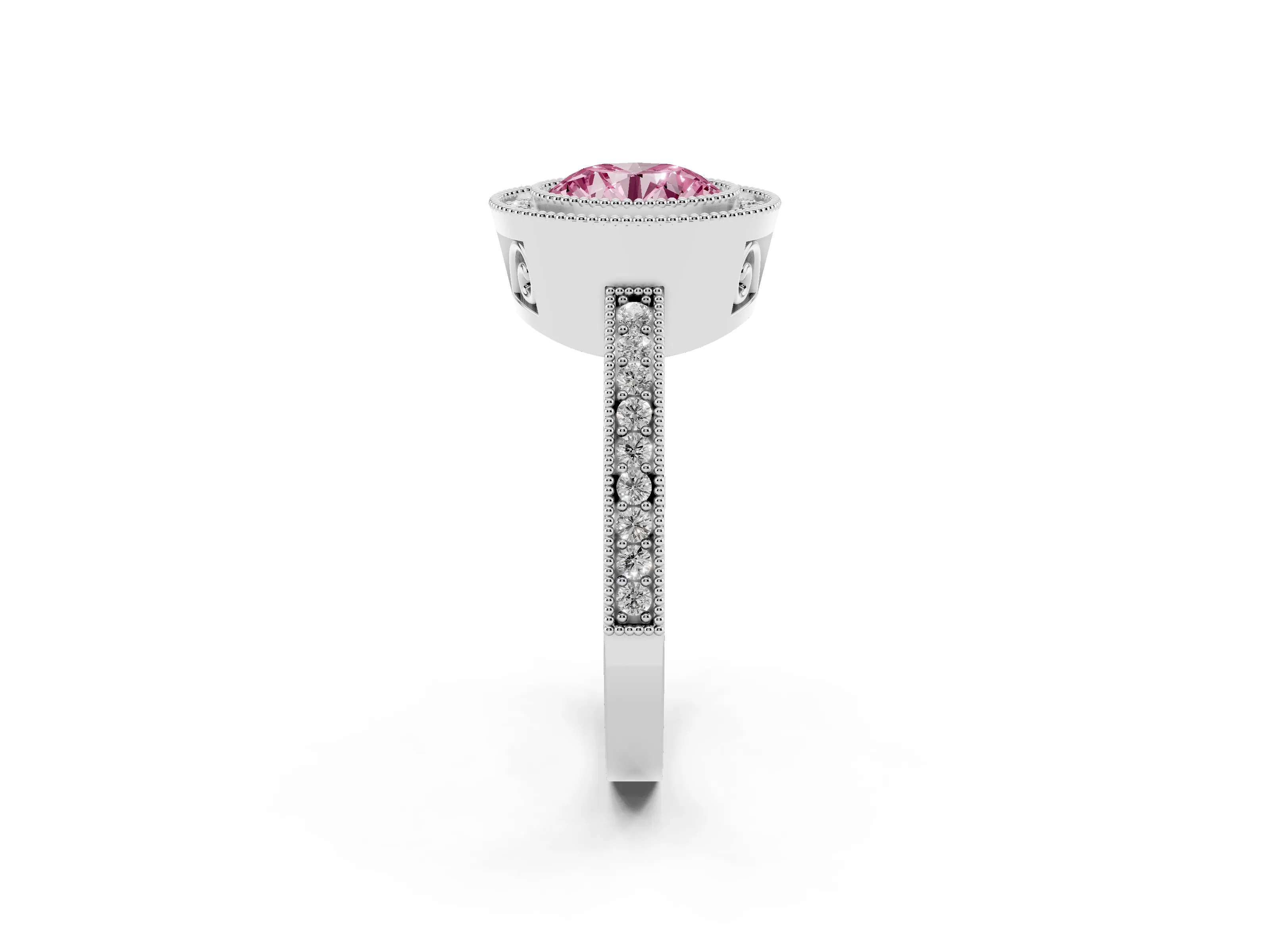 Fancy Pink Round Cut Diamond Round Halo Ring Set in White gold with Pavé Band