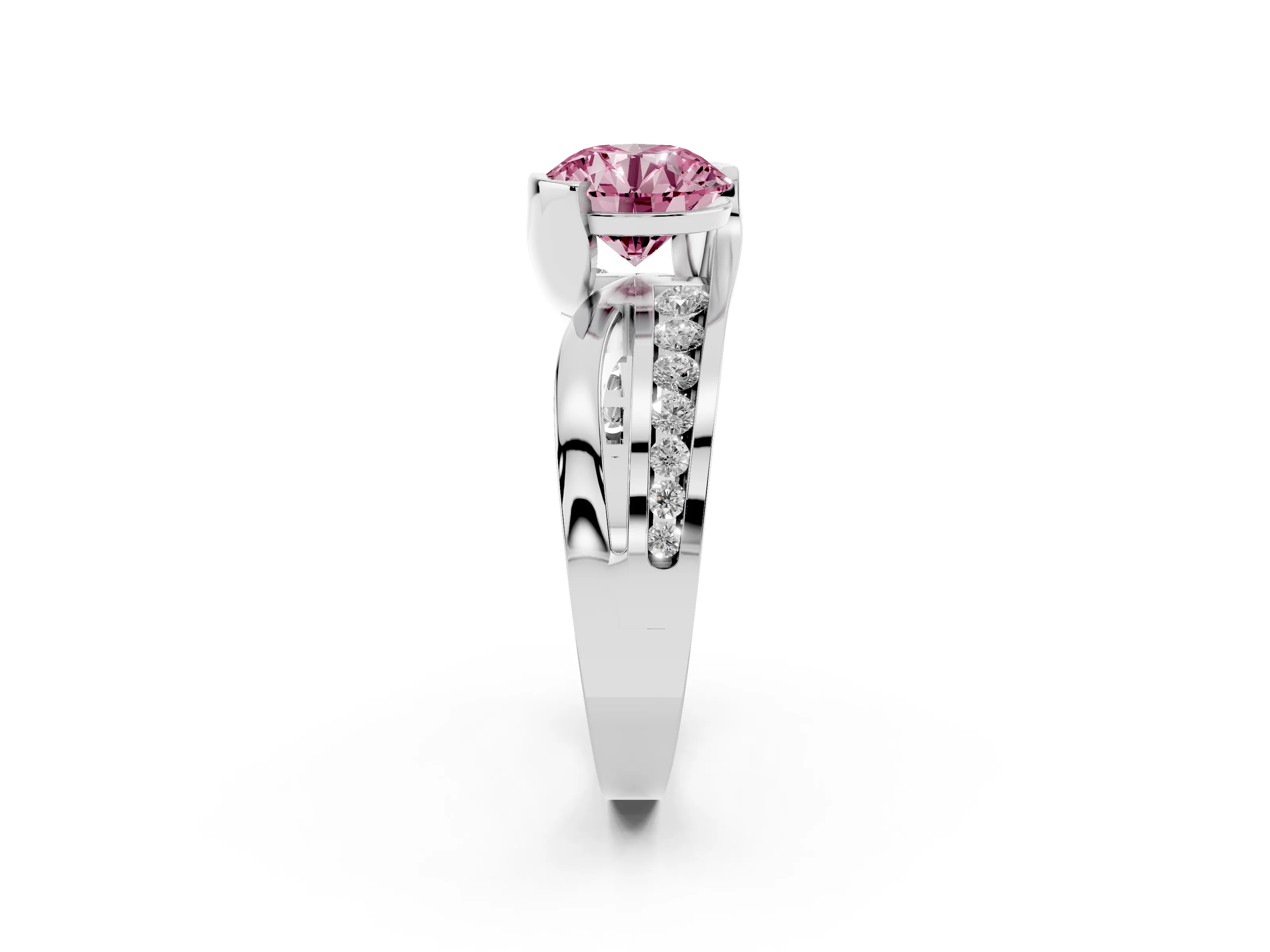 Fancy Pink Round Cut Diamond Solitaire Ring Set in Silver with Channel Set Split Shank and Tension Prongs