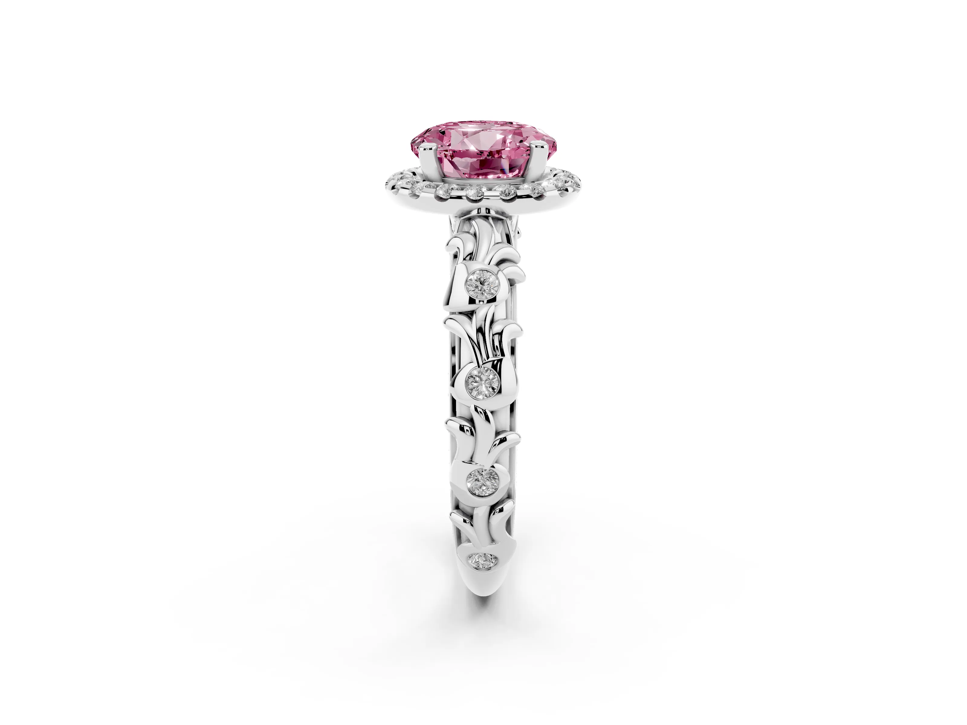 Fancy Pink Round Cut Diamond Halo Ring Set in Platinum with Filigree Leaf Band and Prong Setting