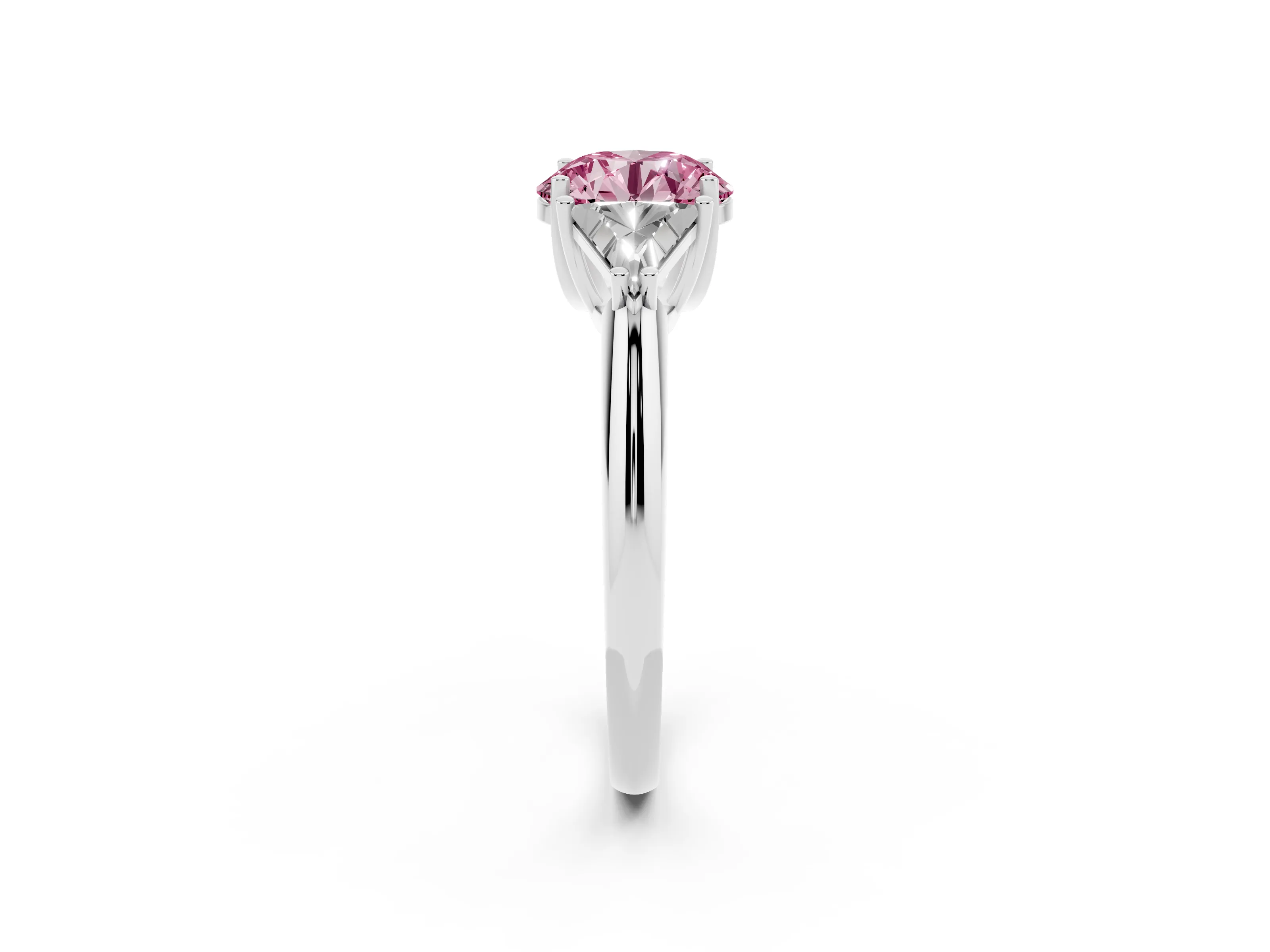 Fancy Pink Round Cut Diamond Three-Stone Engagement Ring Set in White gold with Trillion Side Stones