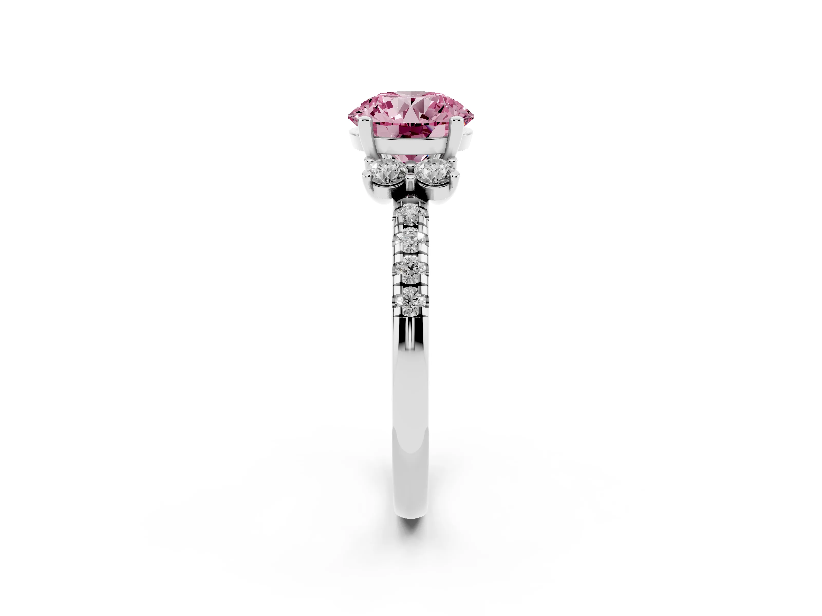 Fancy Pink Round Cut Diamond Three-Stone Pavé Ring Set in Silver with Prong Setting
