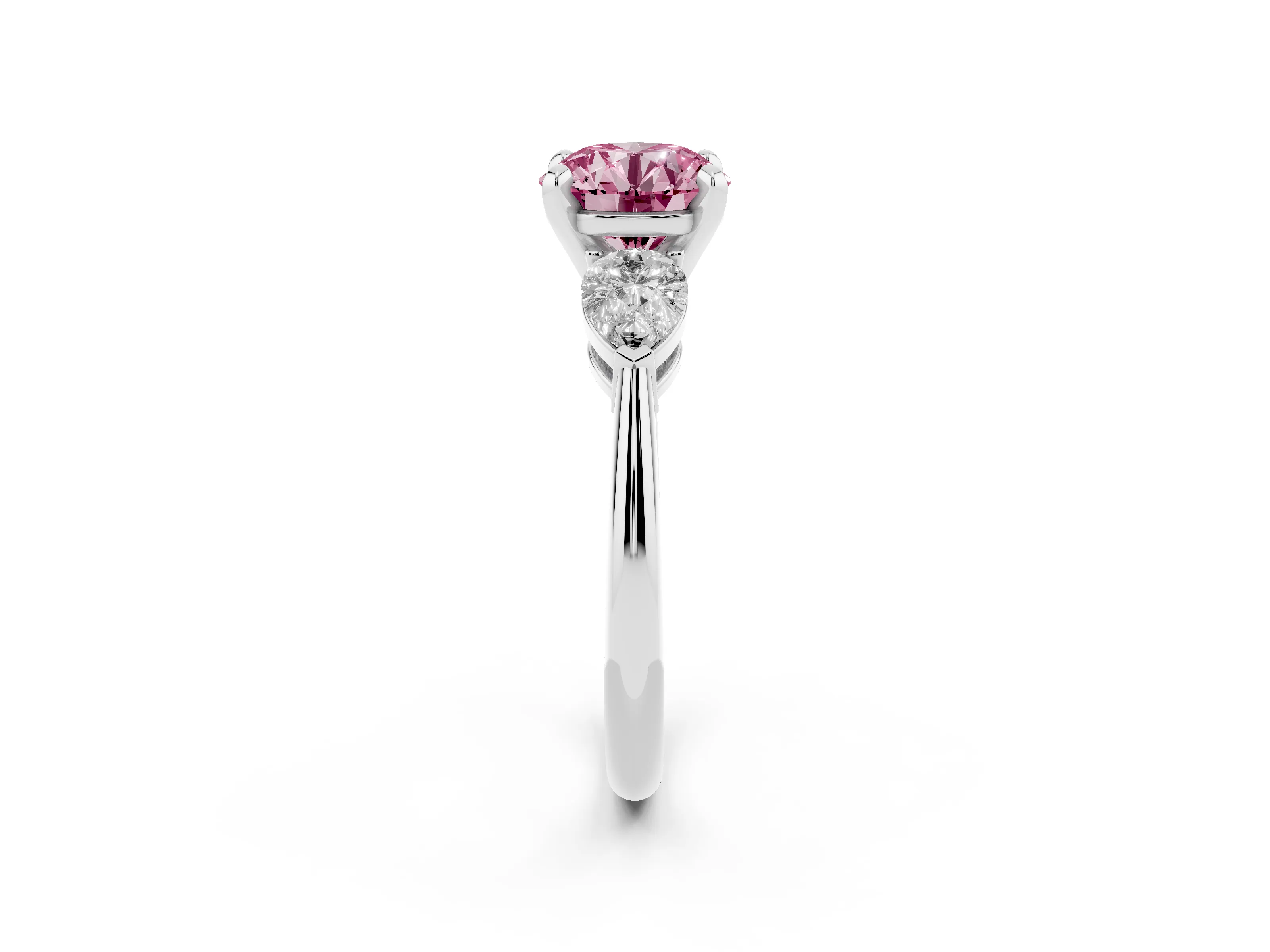 Fancy Pink Three-Stone Round Cut Diamond Ring Set in Silver with Pear Side Stones and Prong Setting