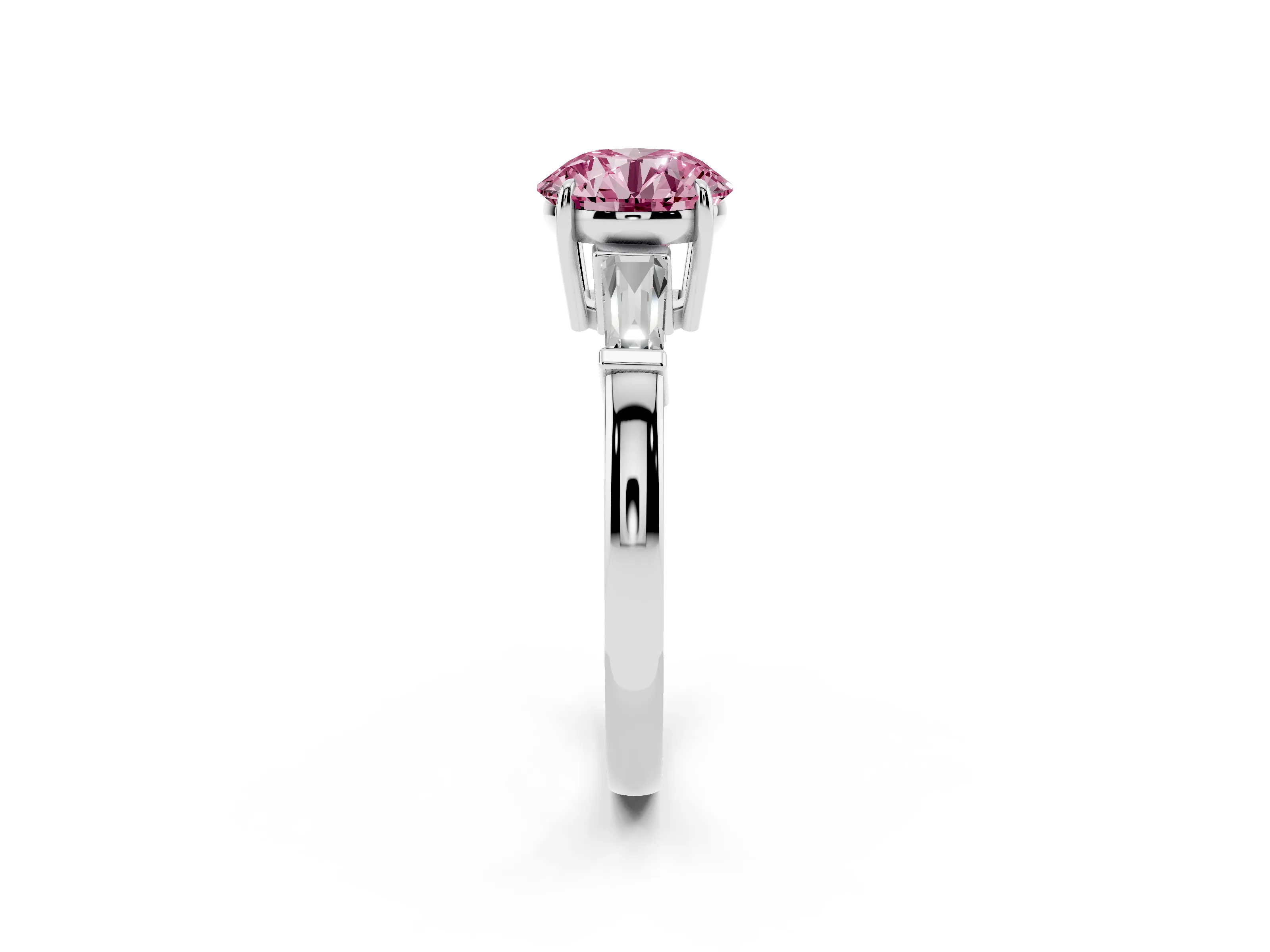 Fancy Pink Round Cut Diamond Three-Stone Ring Set in White gold with Tapered Baguette Side Stones and Prong Setting