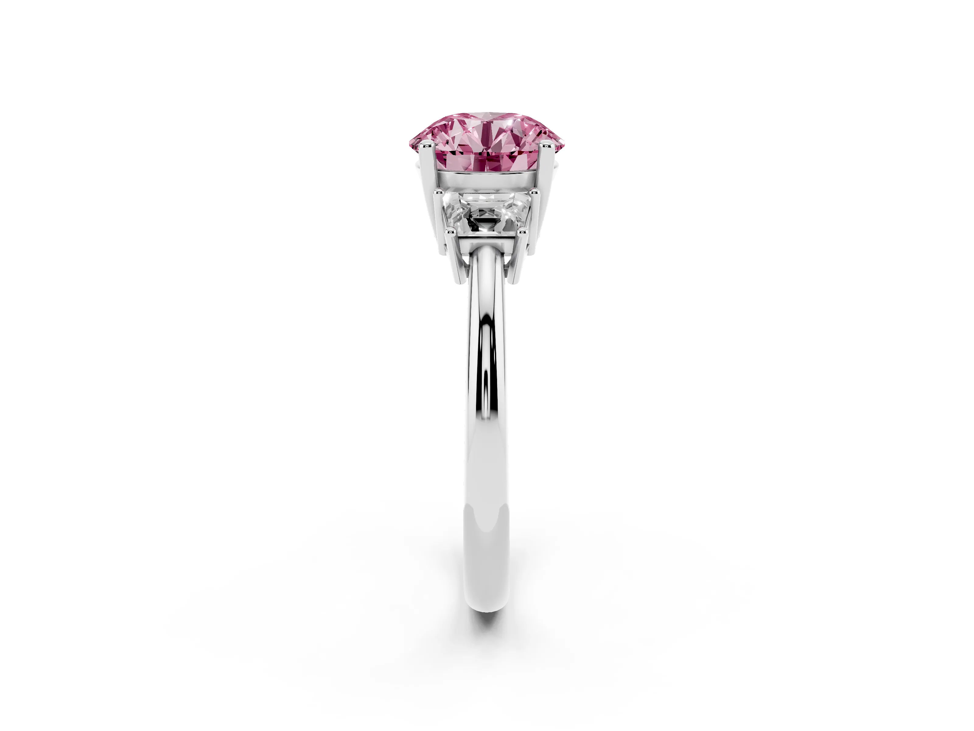 Fancy Pink Round Cut Diamond Three-Stone Ring Set in Platinum with Trapezoid Side Stones and Prong Setting