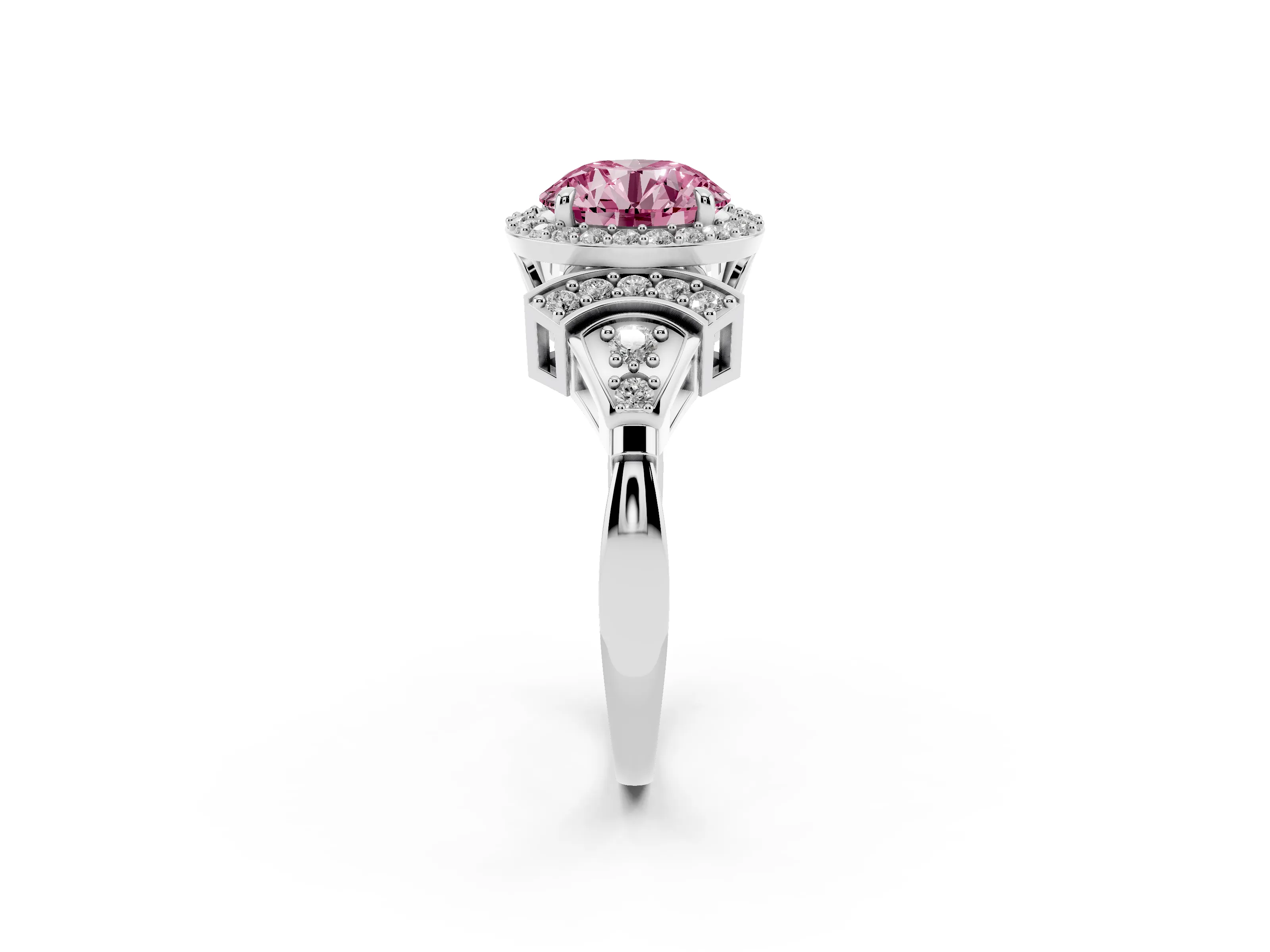Fancy Pink Round Cut Diamond Halo Engagement Ring Set in Silver with Accent Stone Split Shank