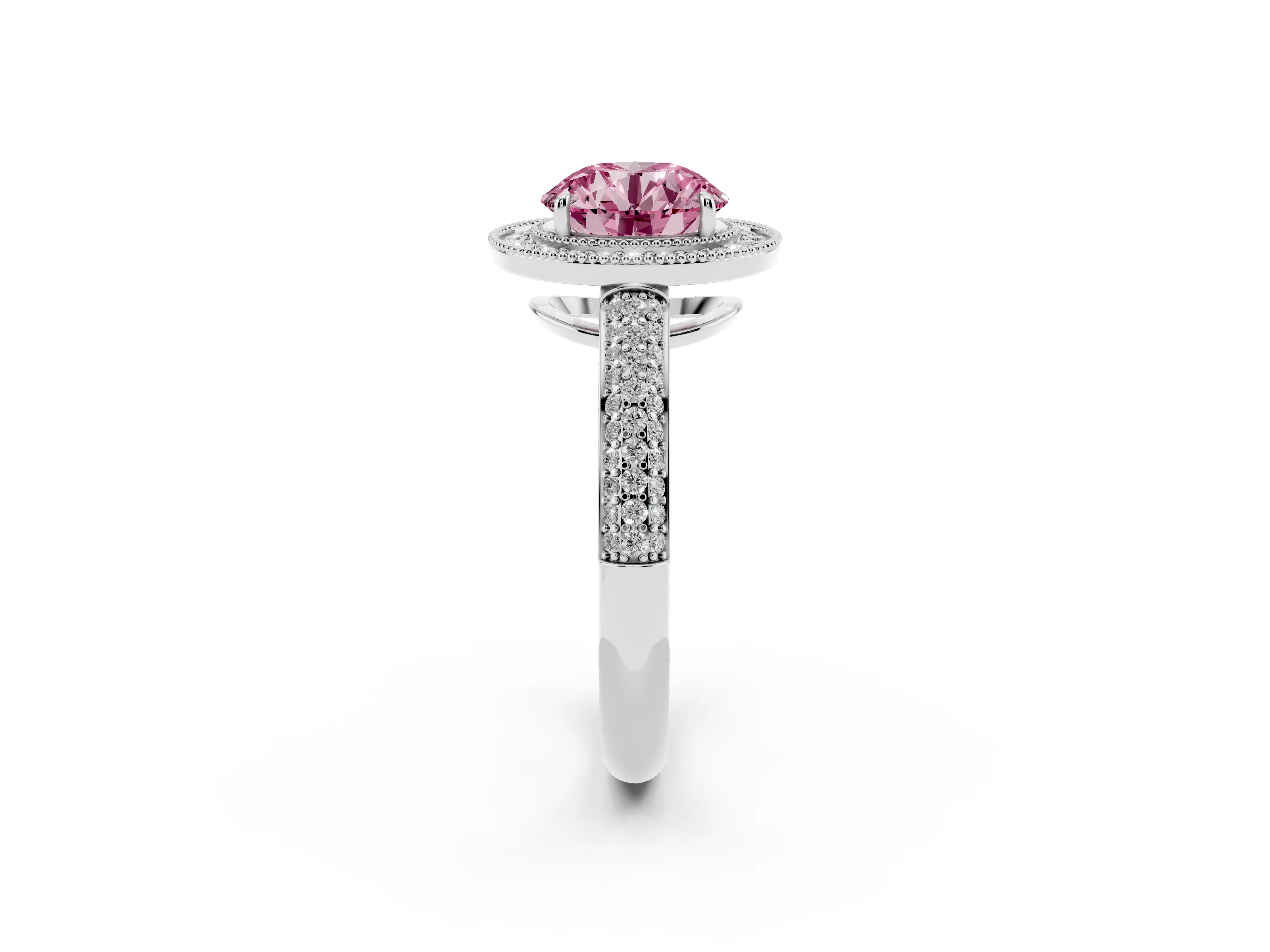 Fancy Pink Round Cut Diamond Halo Pavé Band Set in Platinum with Prong Setting