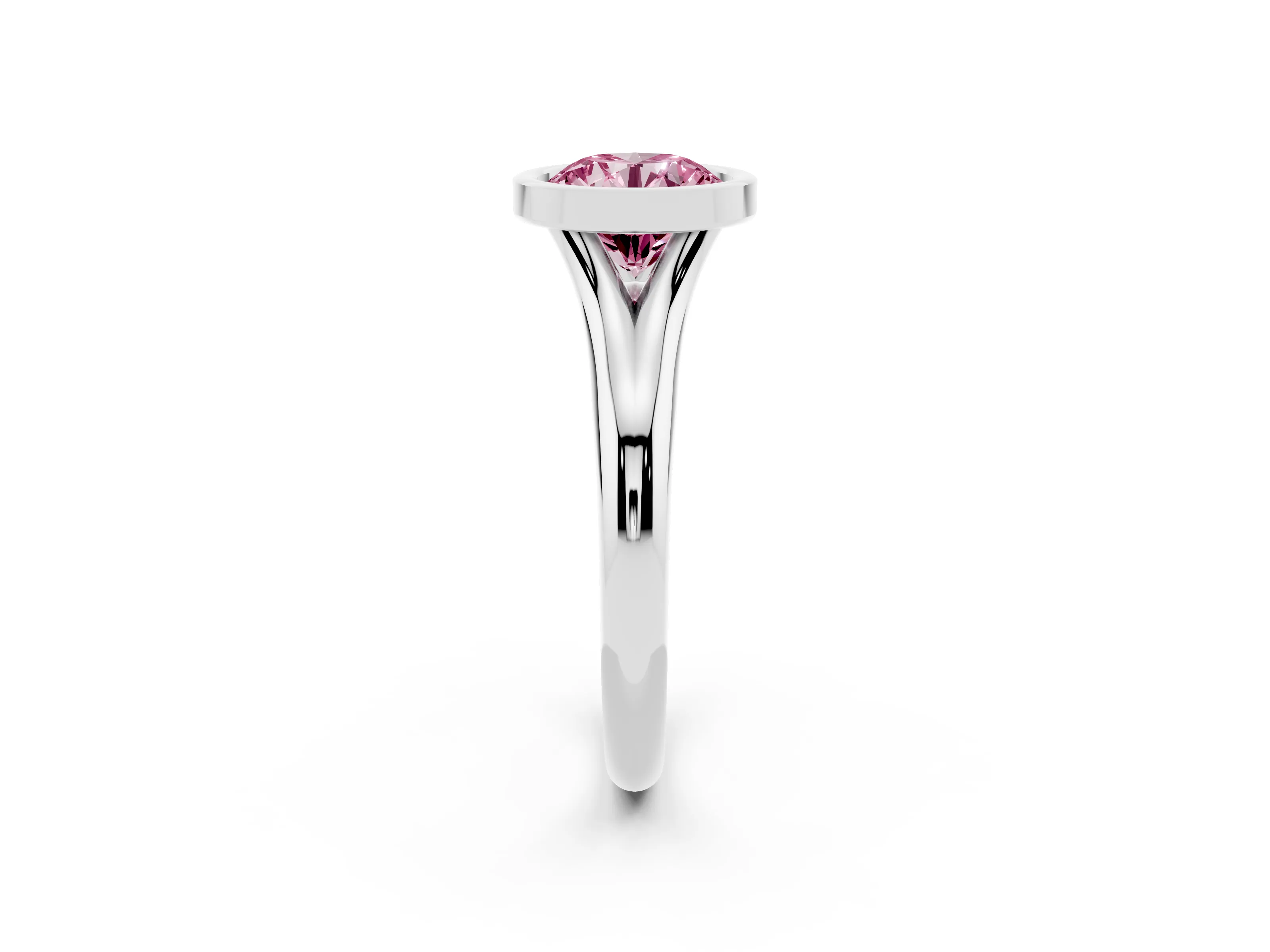 Fancy Pink Bezel Set Round Cut Diamond Solitaire Ring Set in Platinum with Smooth Band
