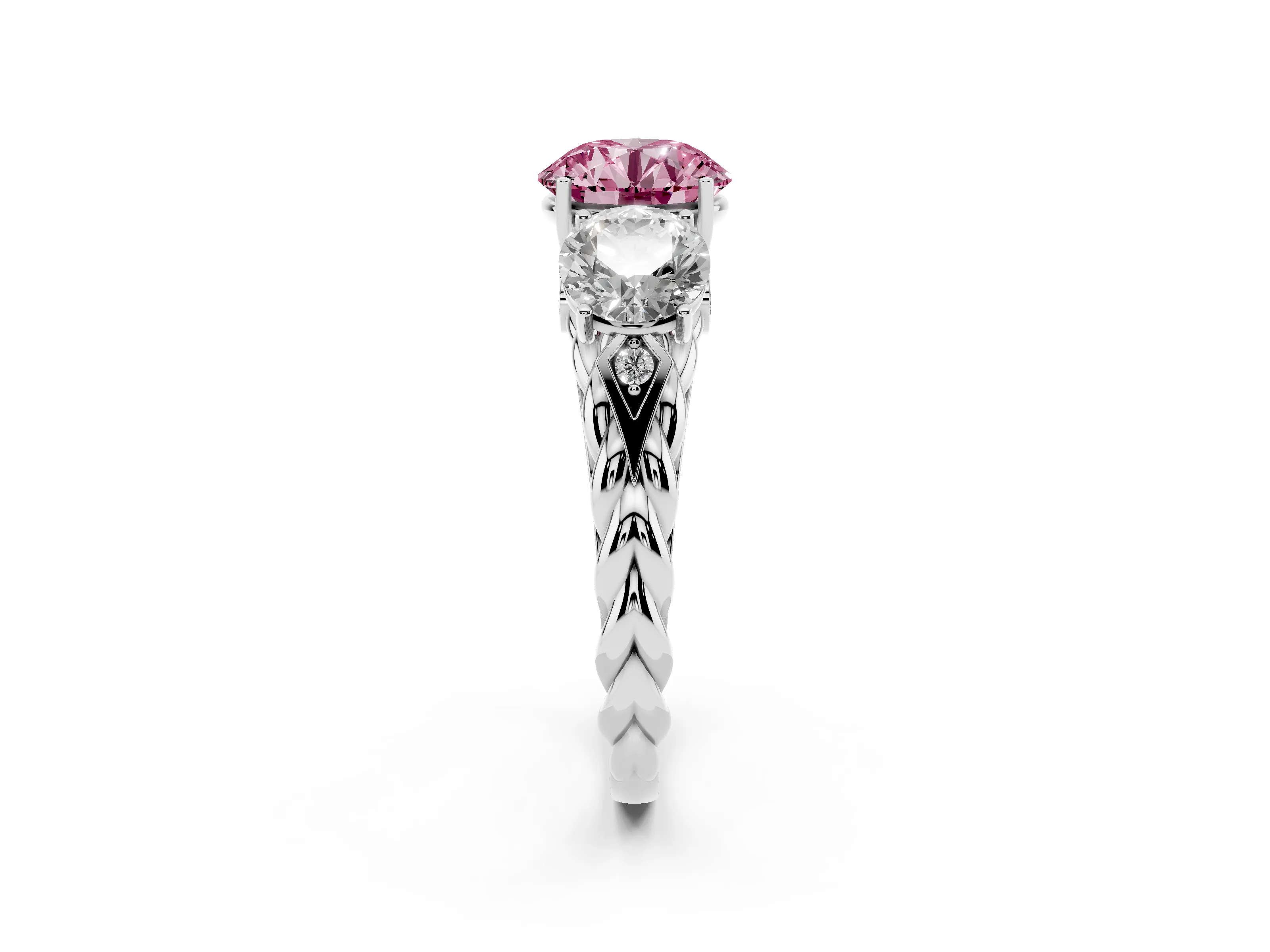 Fancy Pink Round Cut Diamond Three-Stone Ring Set in Silver with Braided Band
