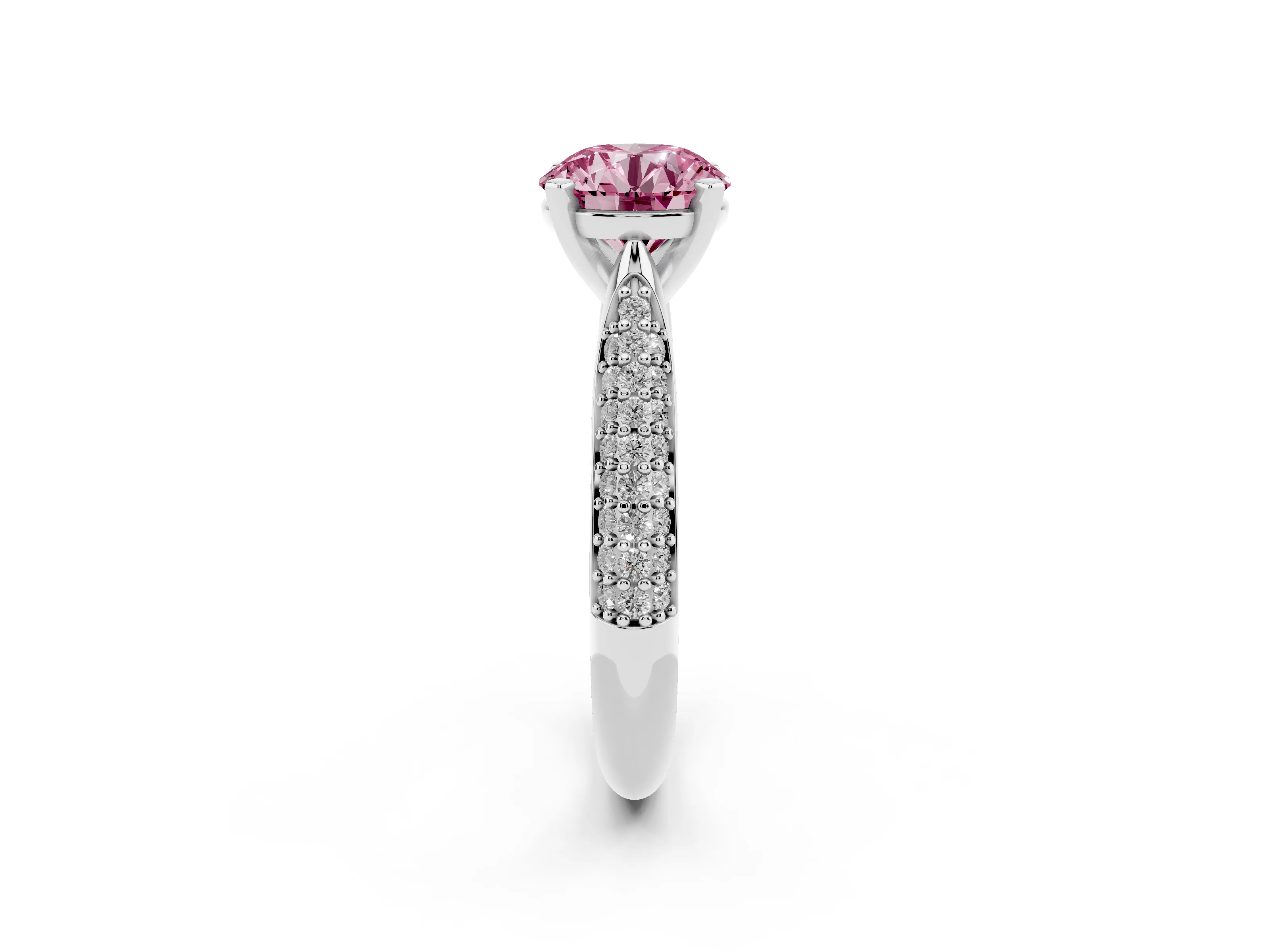 Fancy Pink Round Cut Diamond Solitaire Engagement Ring Set in Platinum with Multi-Row Round Pavé Band and Prong Setting