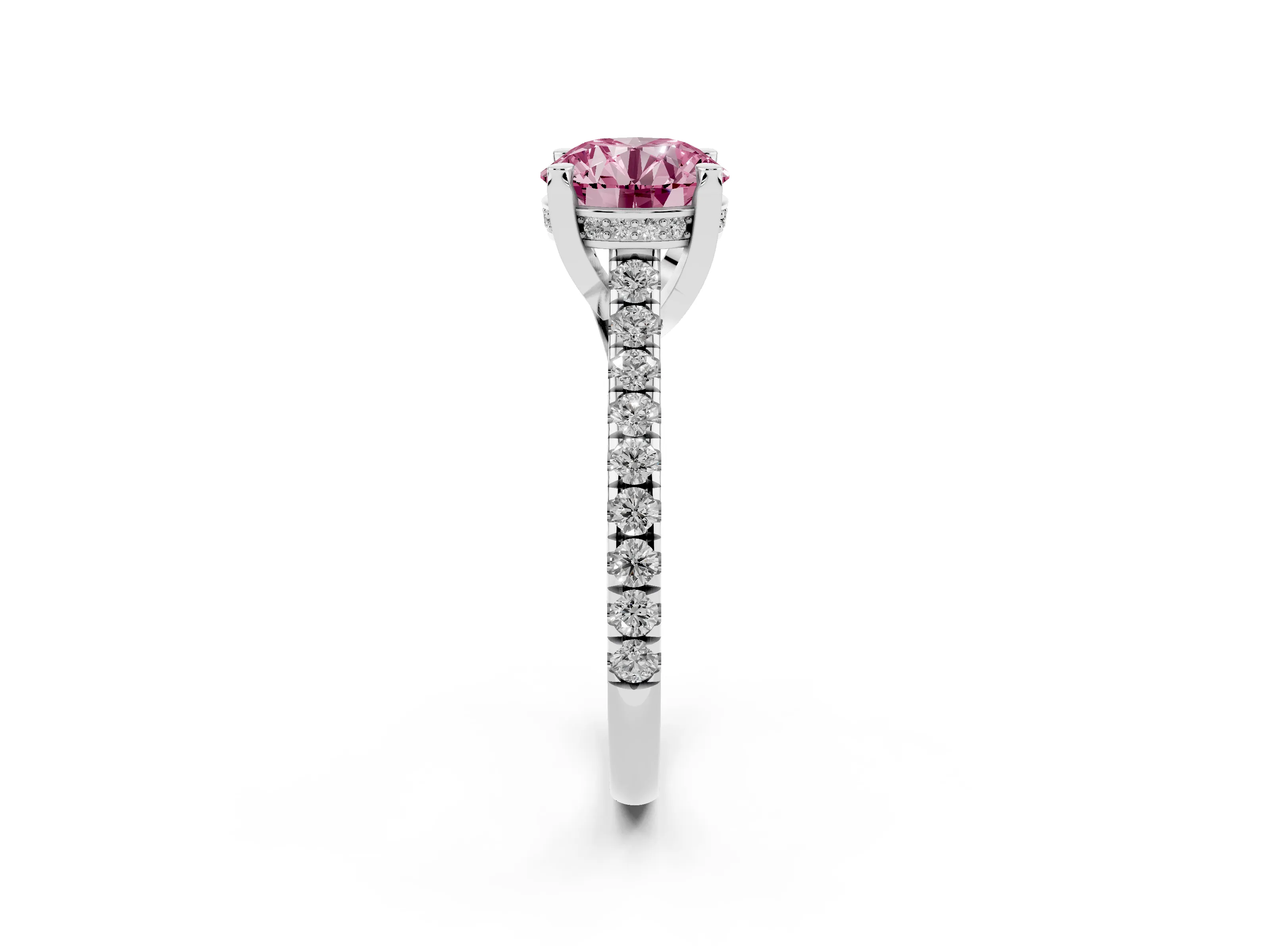 Fancy Pink Round Cut Diamond Solitaire Ring Set in Platinum with Brilliant Pavé Band and Prong Setting
