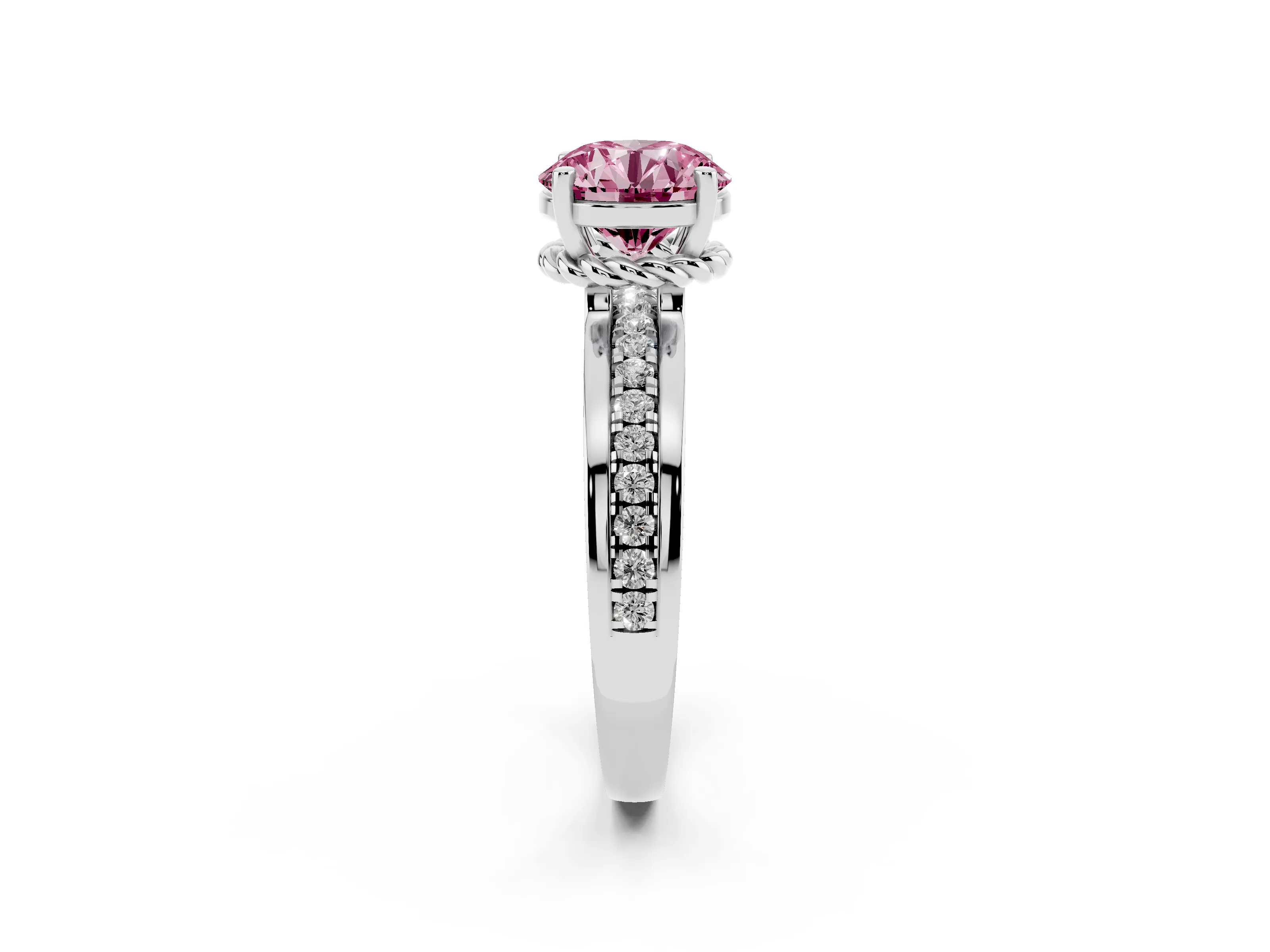 Fancy Pink Round Cut Diamond Solitaire Ring Set in Silver with Channel Set Band and Prong Setting