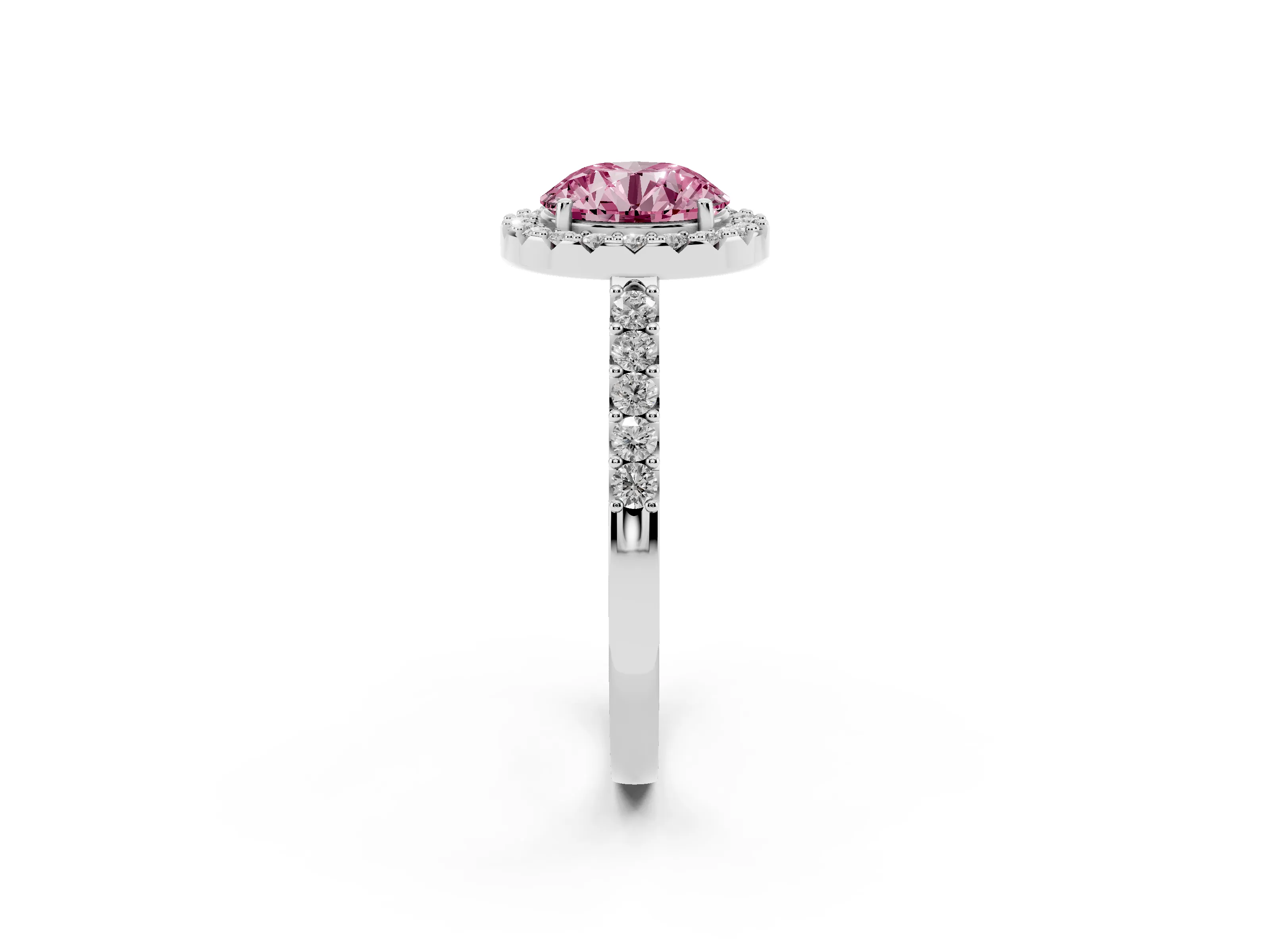 Fancy Pink Round Cut Diamond Halo Pavé Solitaire Ring Set in Silver with Prong-Set Center Stone