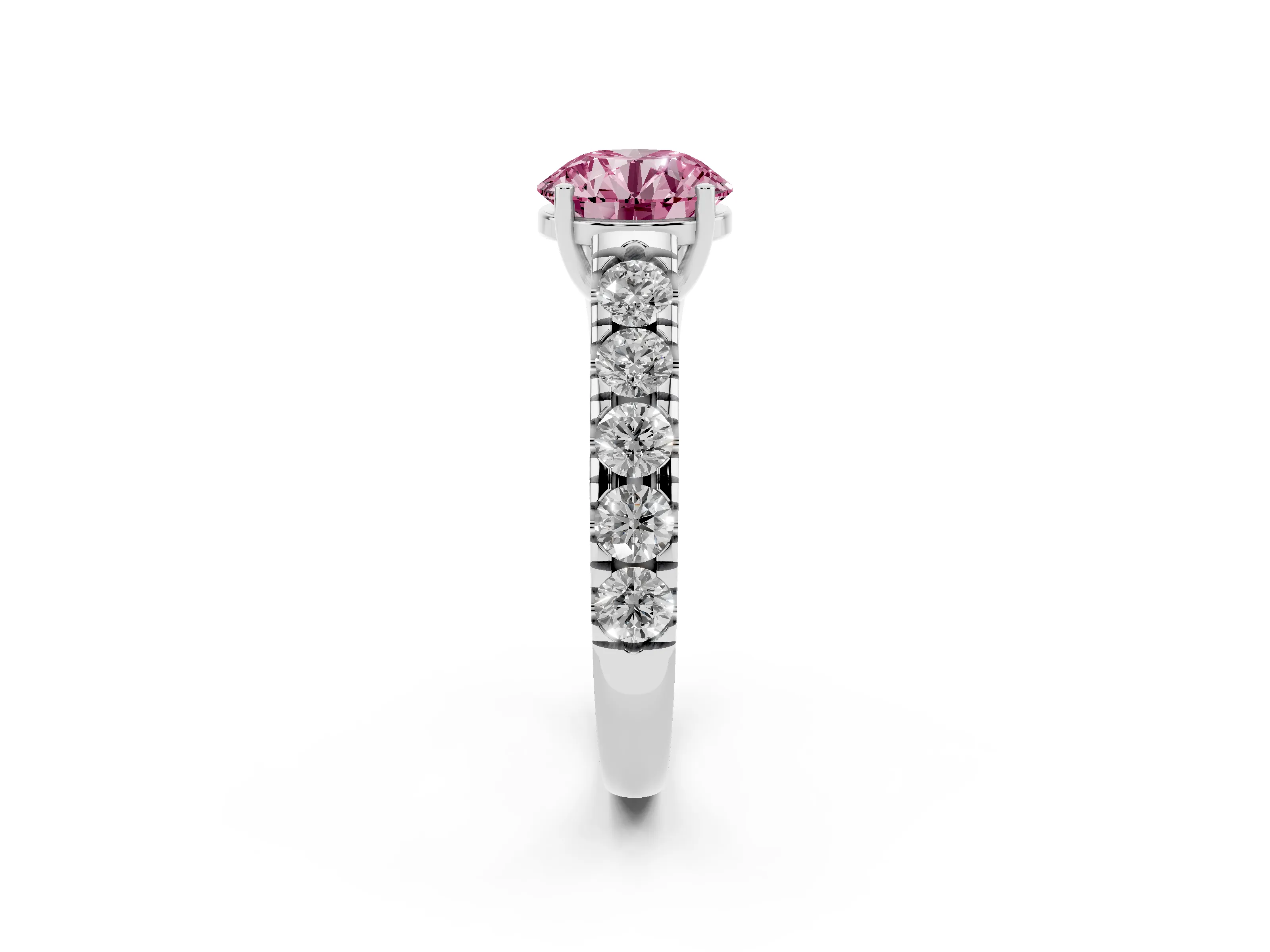 Fancy Pink Round Cut Diamond Solitaire Ring Set in Platinum with Cut-Down Micro Pavé Band and Prong Setting