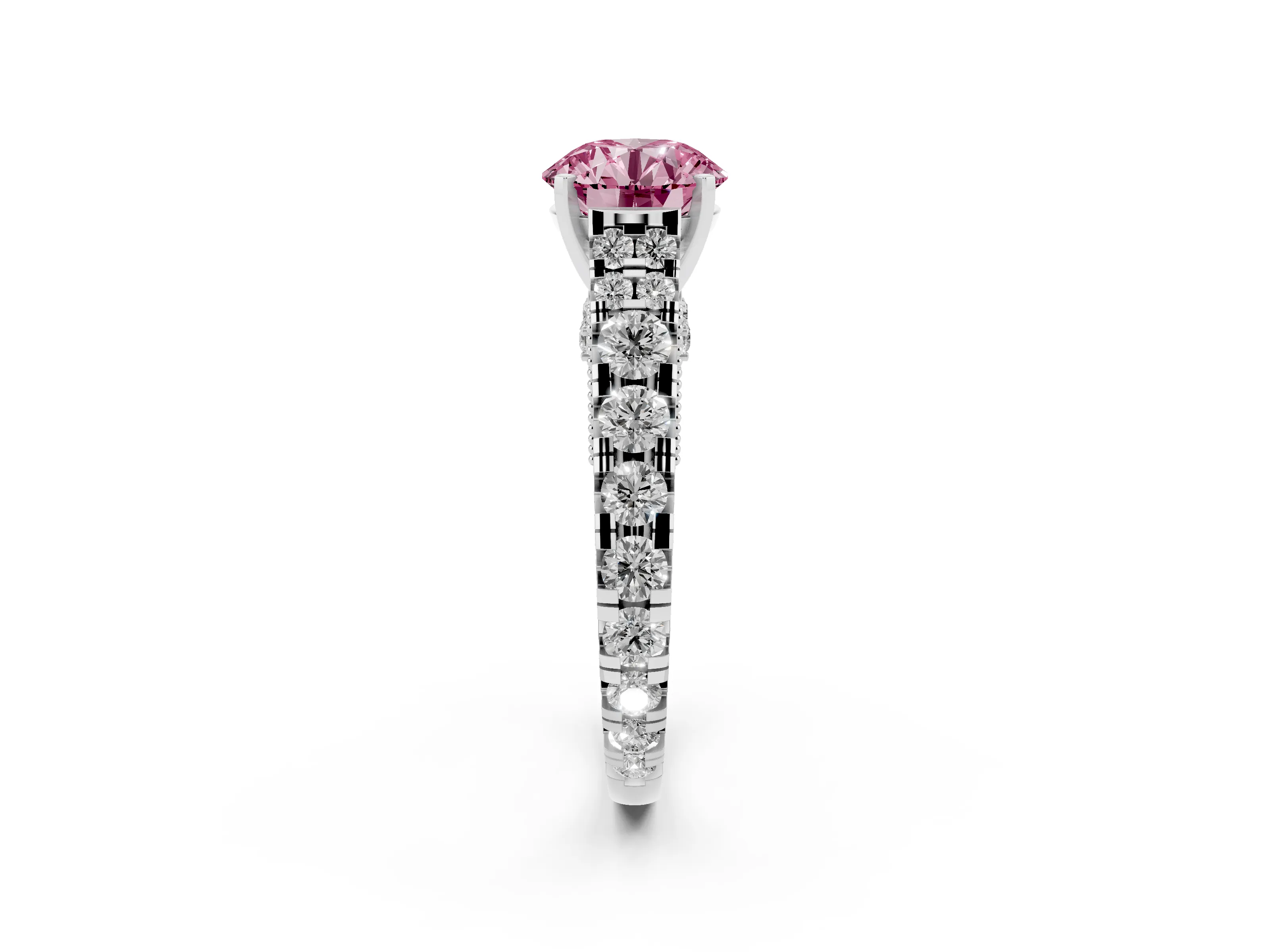 Fancy Pink Round Cut Diamond Classic Solitaire Ring Set in Platinum with Pavé Band and Prong Setting