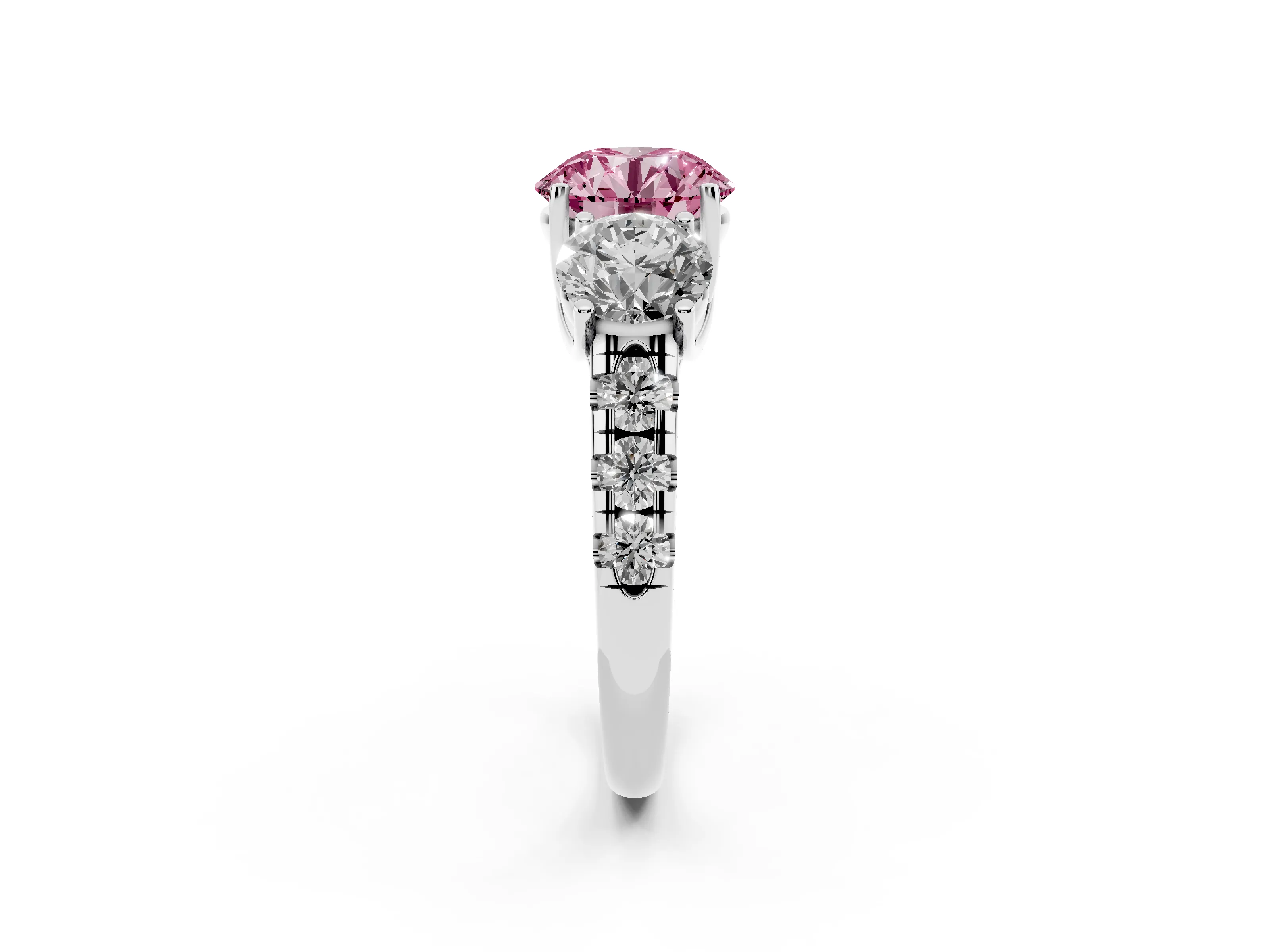 Fancy Pink Round Cut Diamond Three-Stone Ring Set in Silver with Pavé Band