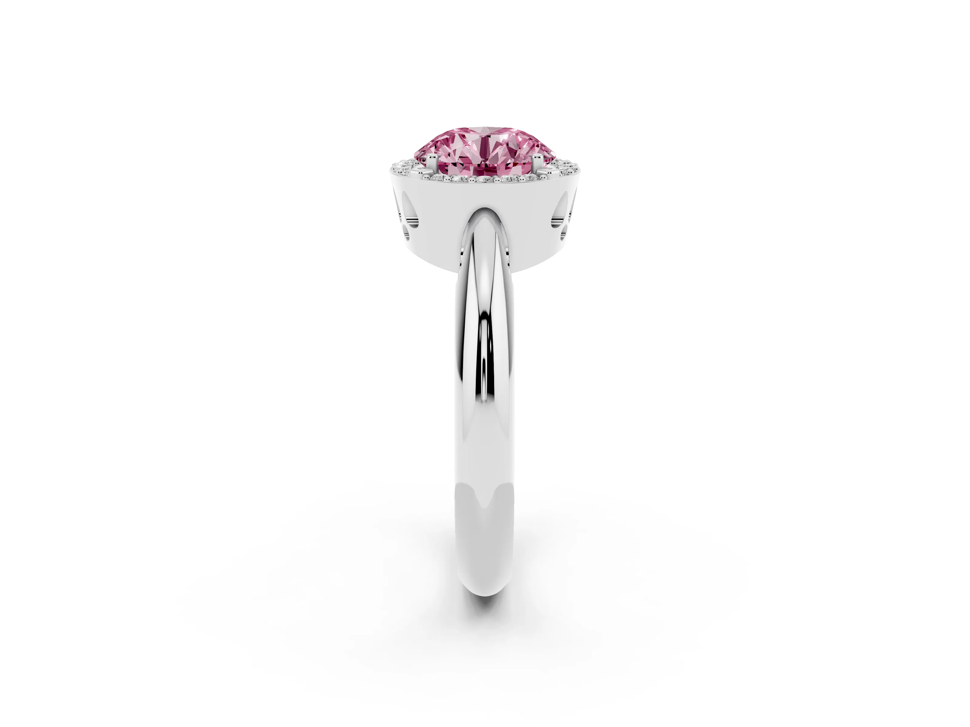 Fancy Pink Round Cut Diamond Halo Engagement Ring Set in Platinum with Plain Split Shank and Prong Setting
