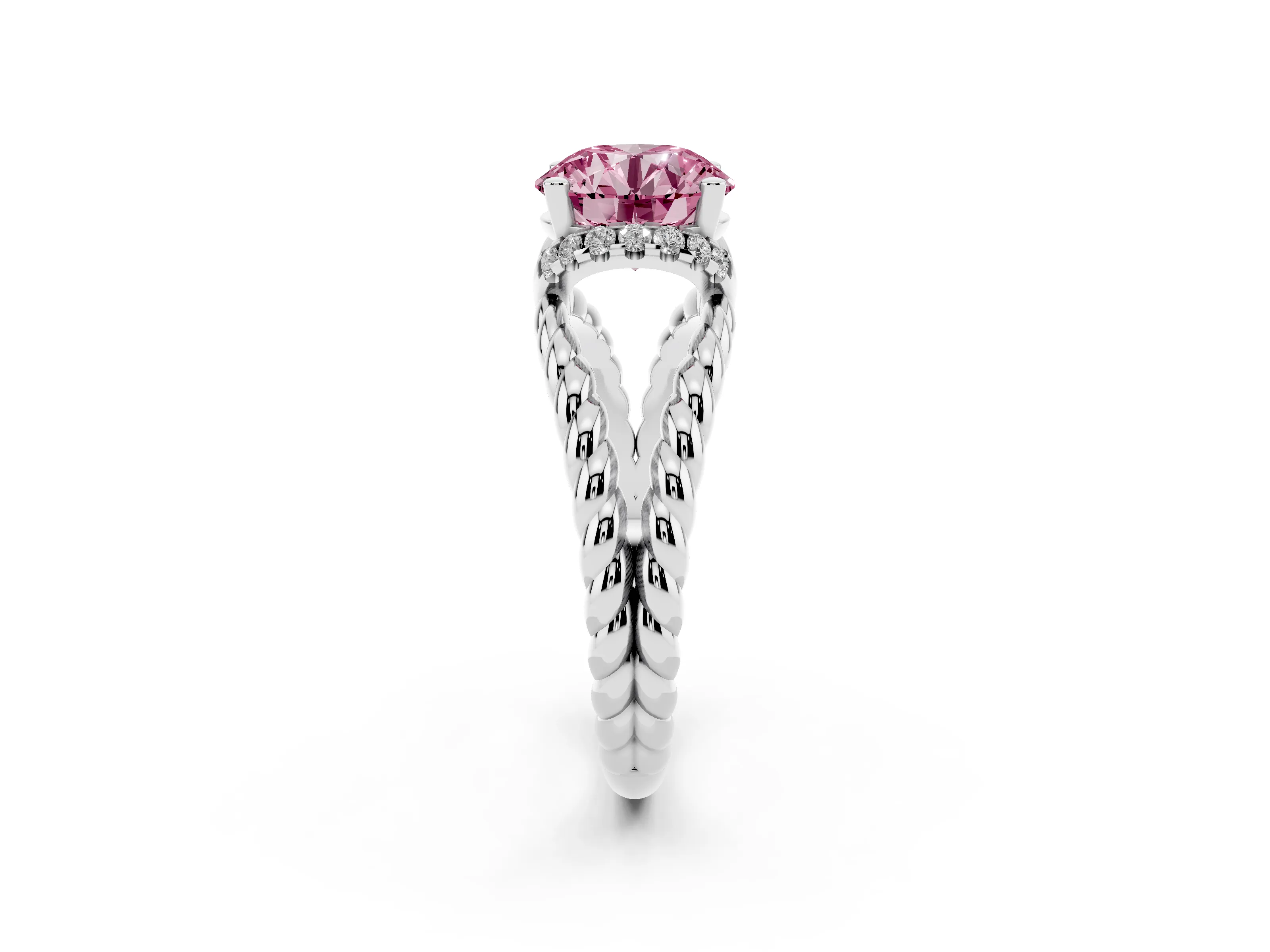 Fancy Pink Round Cut Diamond Halo Ring Set in White gold with Twisted Band and Prong Setting