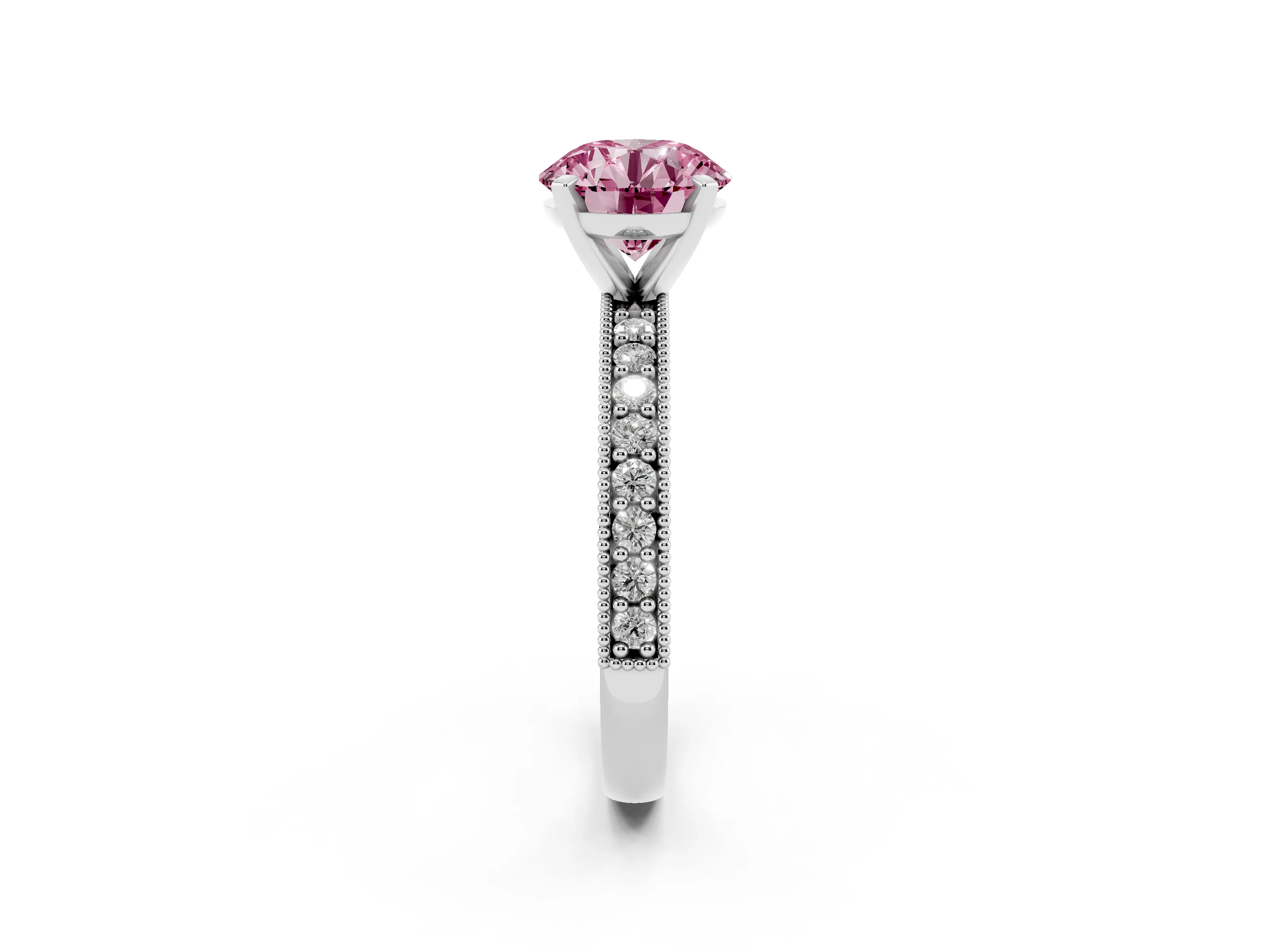 Fancy Pink Round Cut Diamond Milgrain Pavé Engagement Ring Set in Platinum with Prong Setting