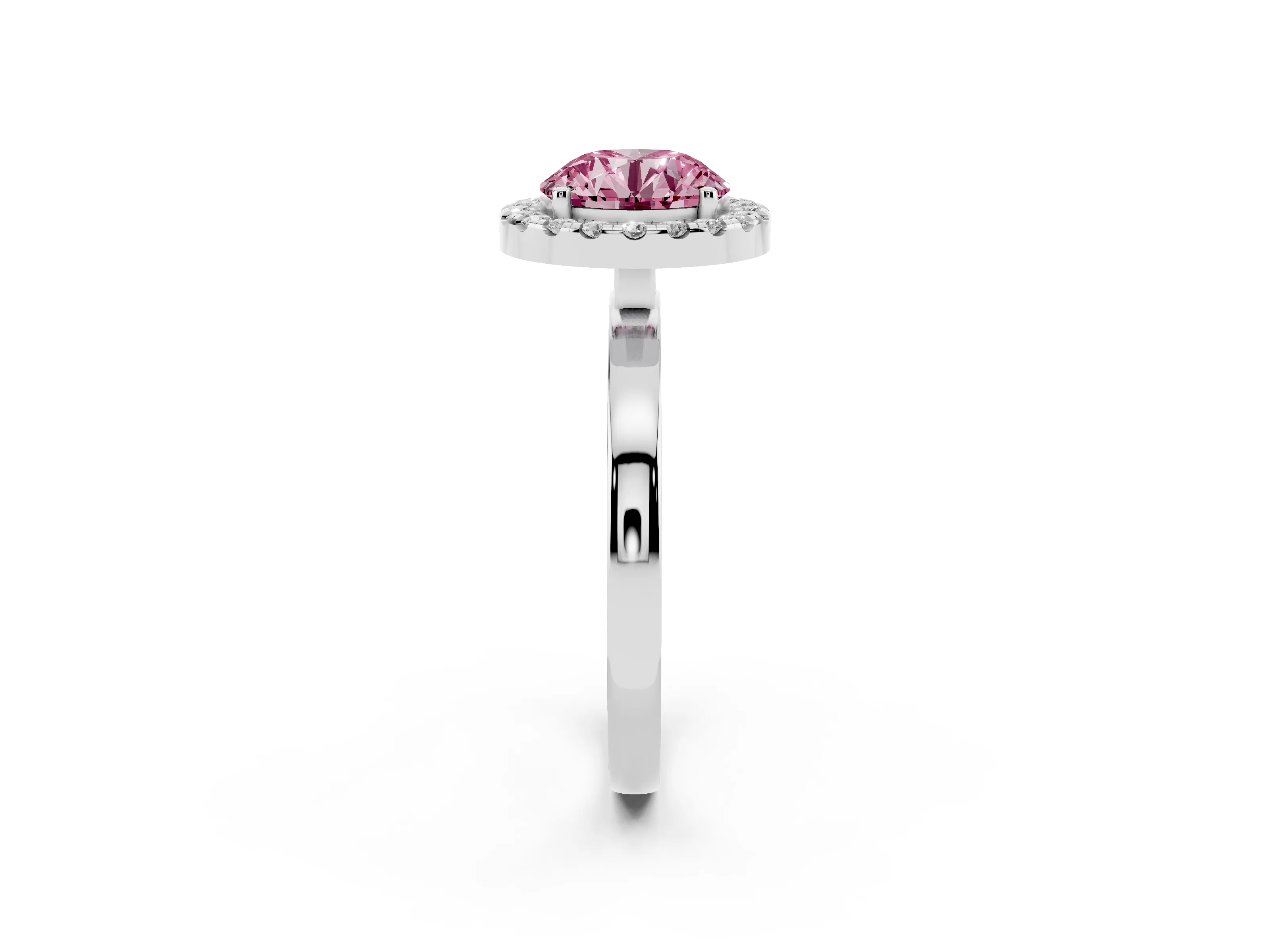 Fancy Pink Round Cut Diamond Halo Solitaire Ring Set in Platinum with Pavé Band and Prong Setting