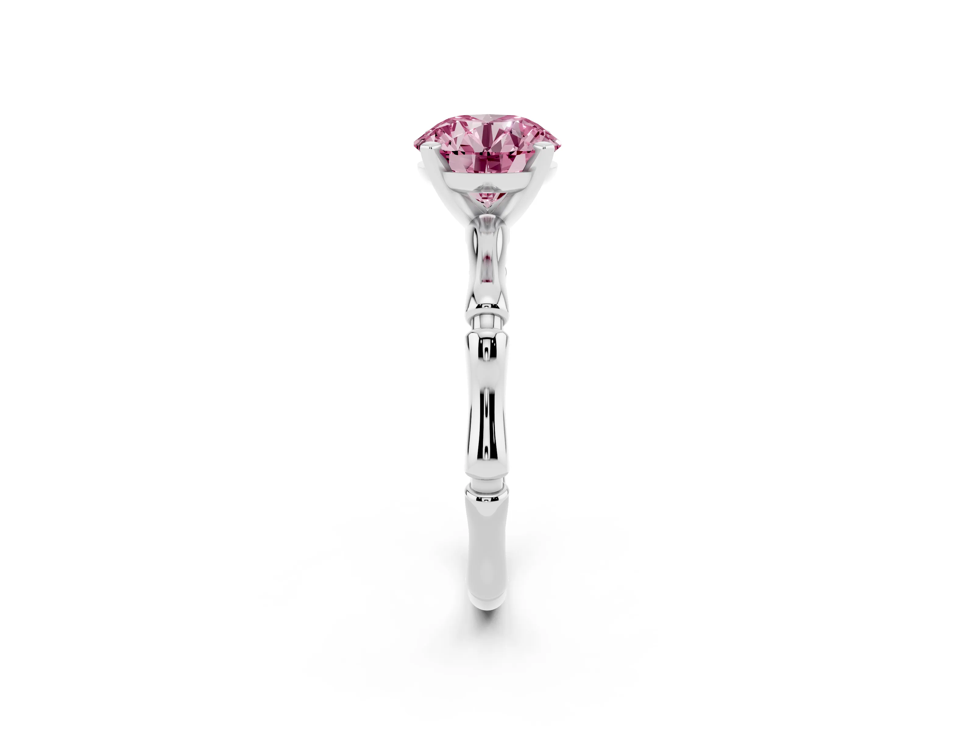 Fancy Pink Round Cut Diamond Solitaire Ring Set in Platinum with Bamboo Band and Prong Setting