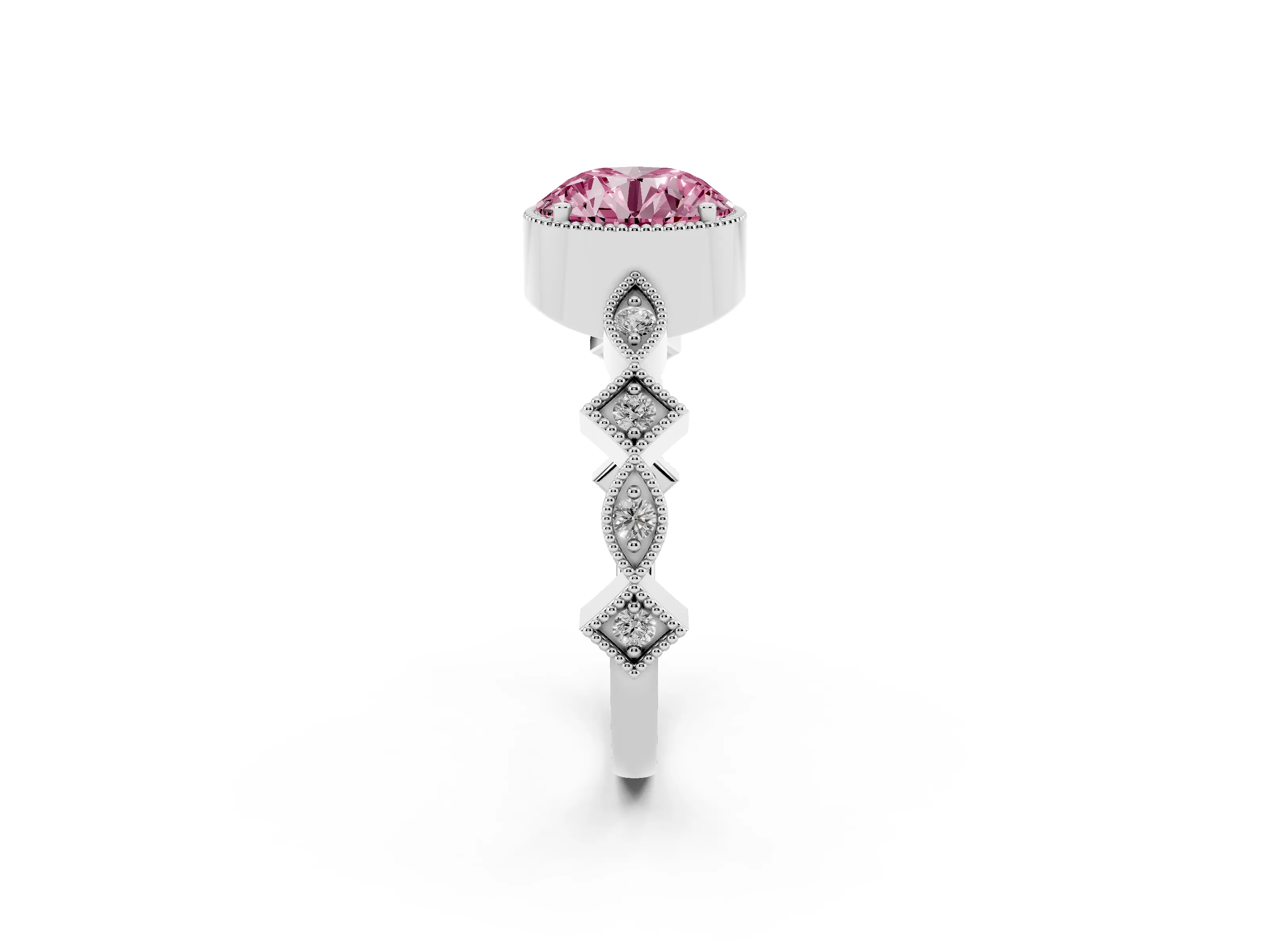 Fancy Pink Round Cut Diamond Milgrain Marquise Twist Band Ring Set in Silver with Prong Setting