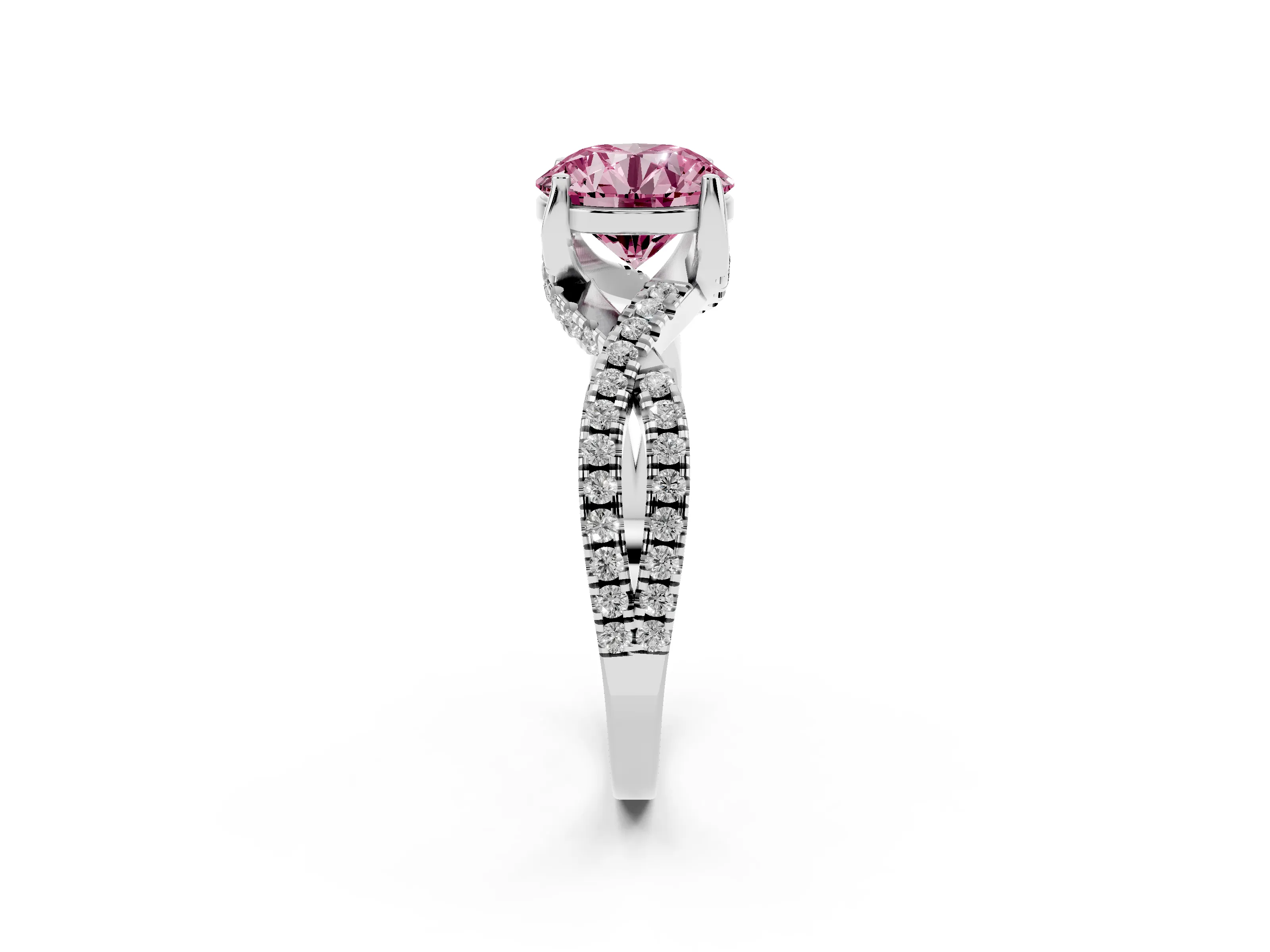 Fancy Pink Round Cut Diamond Twist Pavé Solitaire Engagement Ring Set in Silver with Prong Setting