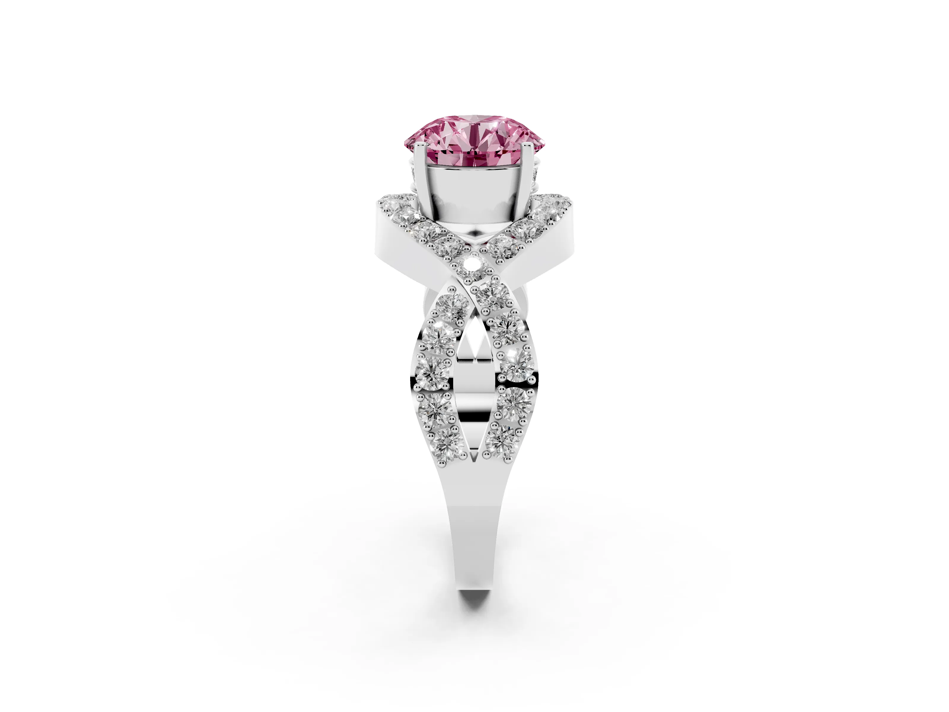 Fancy Pink Round Cut Diamond Solitaire Twist Band Pavé Engagement Ring Set in White gold