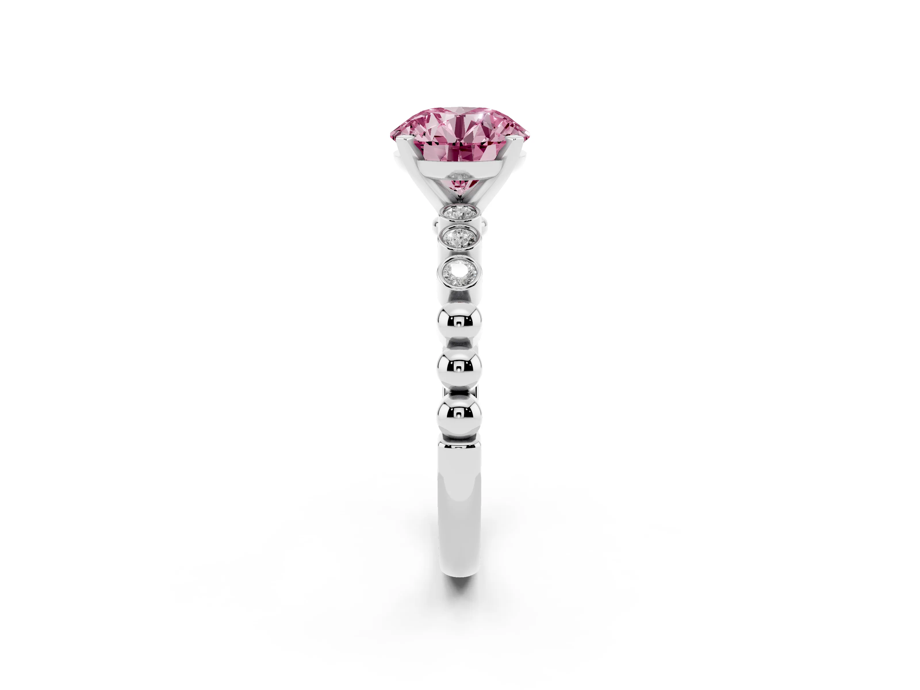 Fancy Pink Round Cut Diamond Solitaire Engagement Ring Set in Platinum with Bezel Accents on Beaded Band